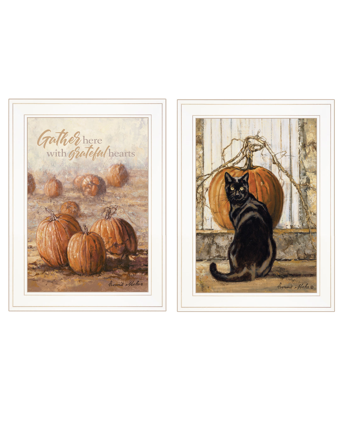 "Pumpkins With A Black Cat" 2 Piece Vignette By Bonnie Mohr, Ready To Hang Framed Print, White Frame Multicolor Paper