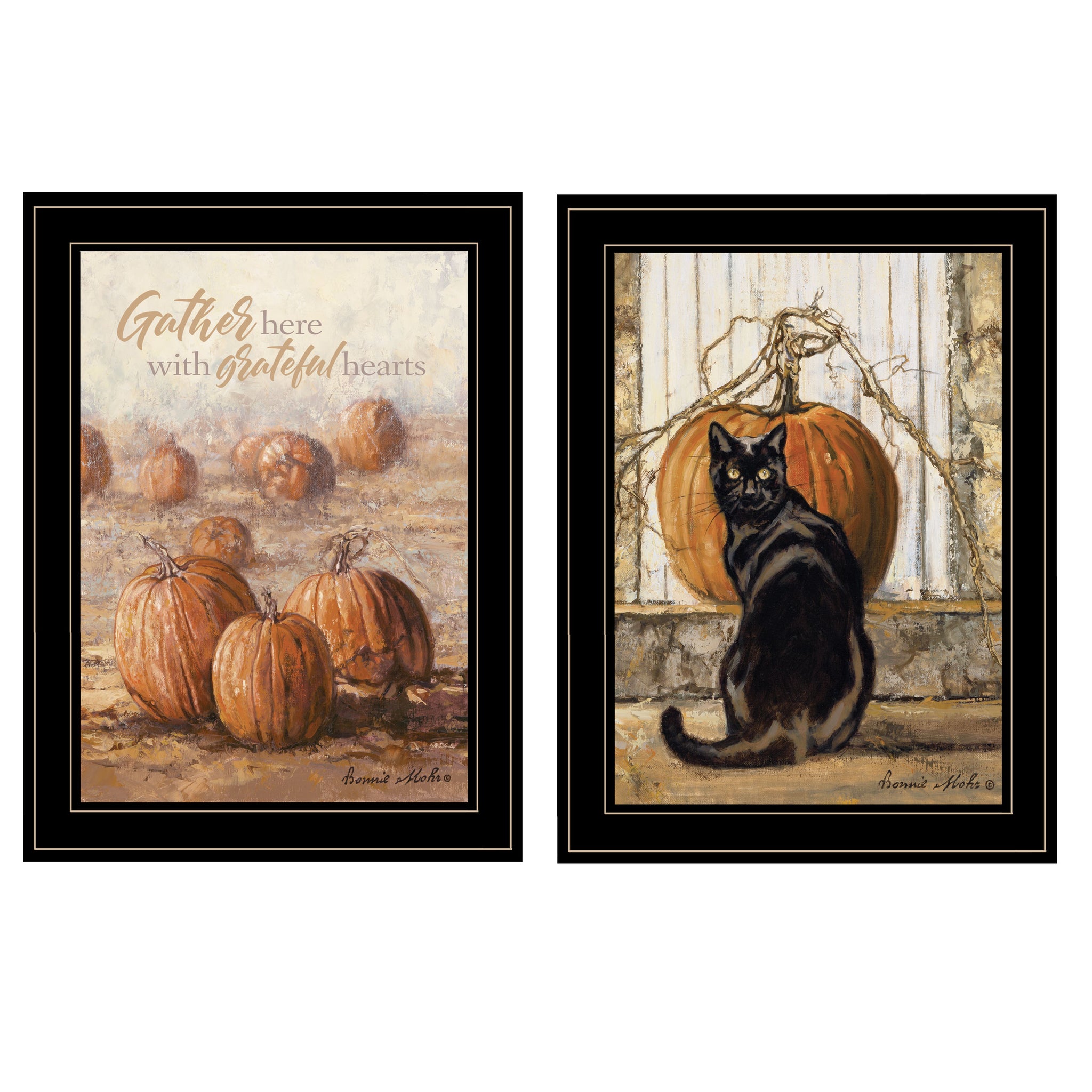 "Pumpkins With A Black Cat" 2 Piece Vignette By Bonnie Mohr, Ready To Hang Framed Print, Black Frame Multicolor Paper