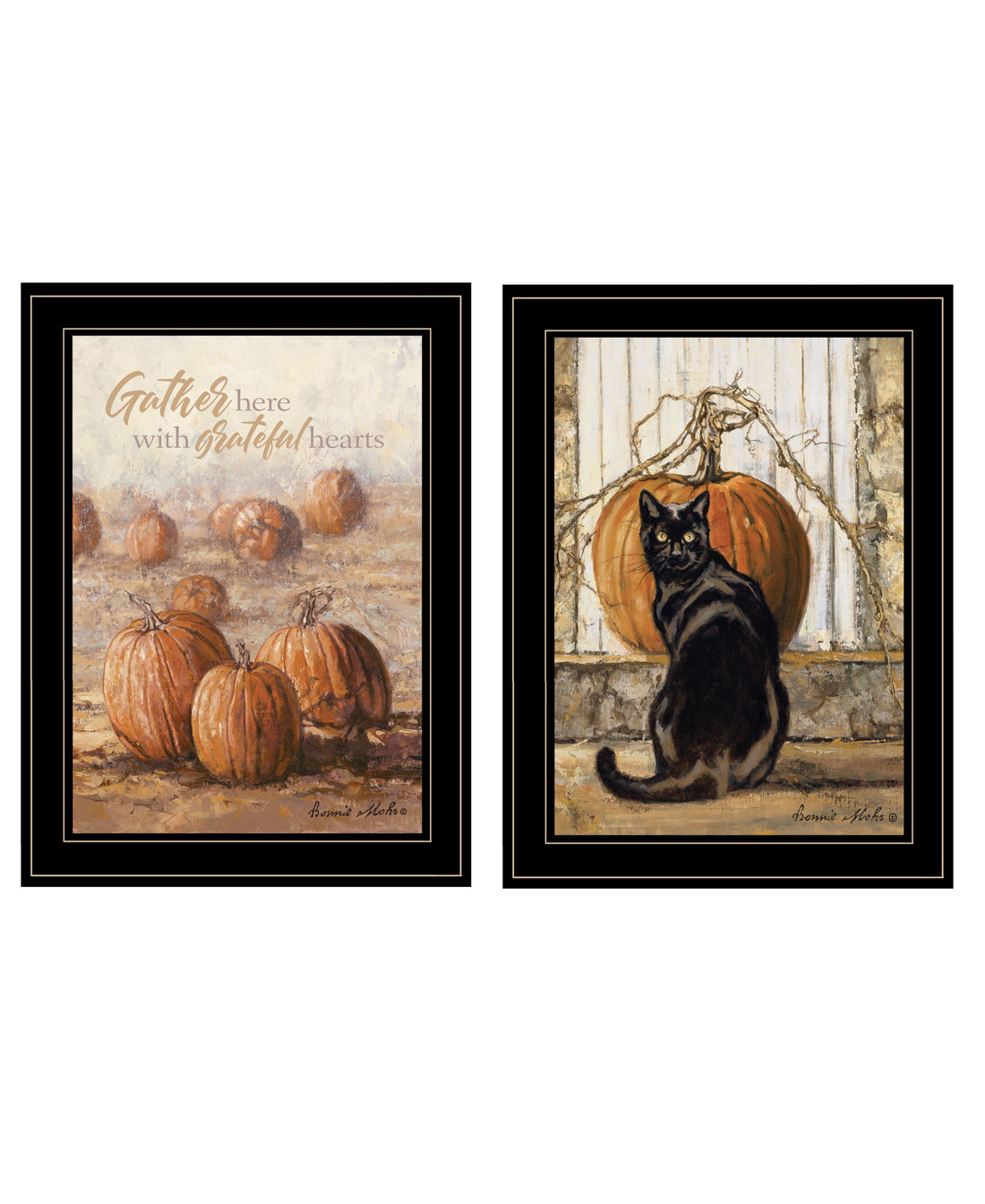 "Pumpkins With A Black Cat" 2 Piece Vignette By Bonnie Mohr, Ready To Hang Framed Print, Black Frame Multicolor Paper