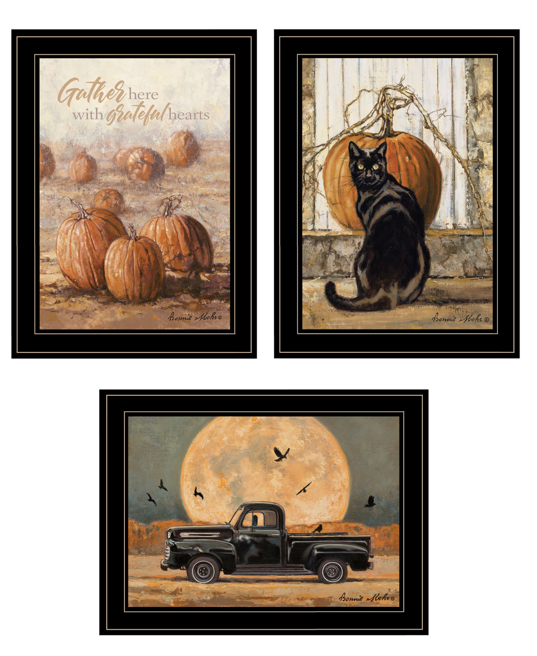 "Harvest Moon Iii" 3 Piece Vignette By Bonnie Mohr, Ready To Hang Framed Print, Black Frame Multicolor Paper