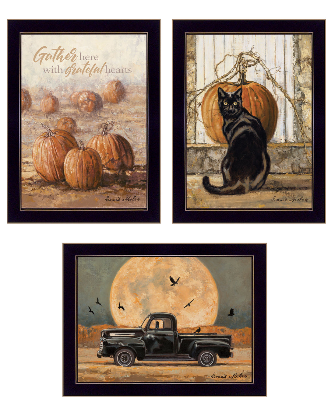 "Harvest Moon Iii" 3 Piece Vignette By Bonnie Mohr, Ready To Hang Framed Print, Black Frame Multicolor Paper