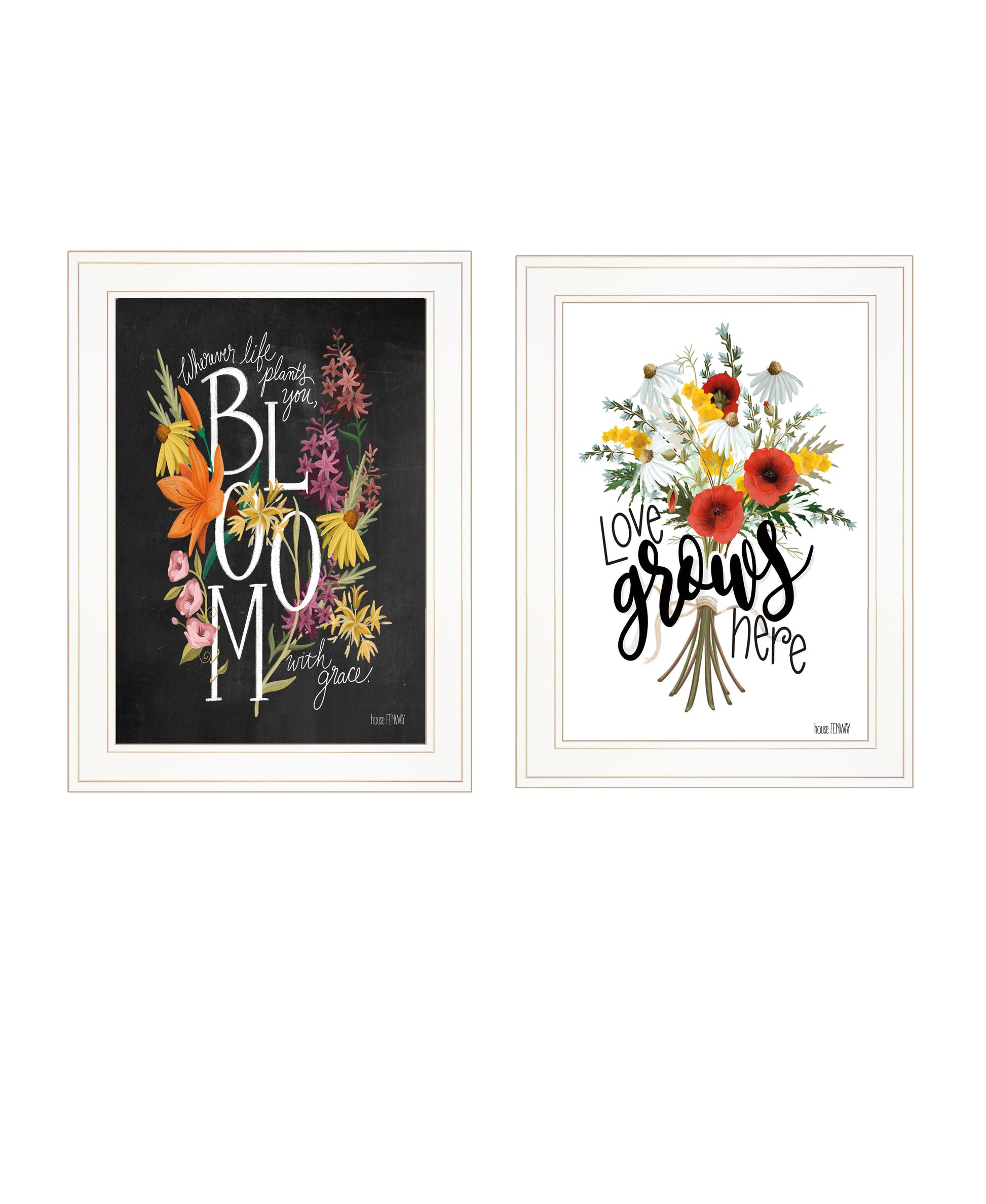 "Love & Bloom" 2 Piece Vignette By House Fenway, Ready To Hang Framed Print, White Frame Multicolor Paper