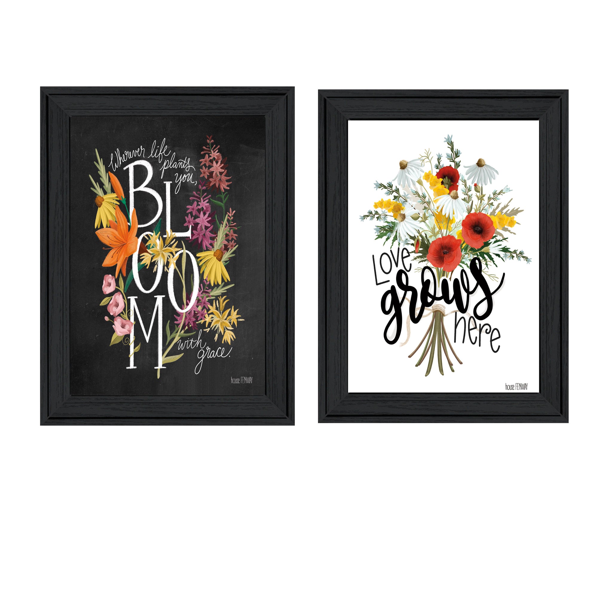 "Love & Bloom" 2 Piece Vignette By House Fenway, Ready To Hang Framed Print, Black Frame Multicolor Paper