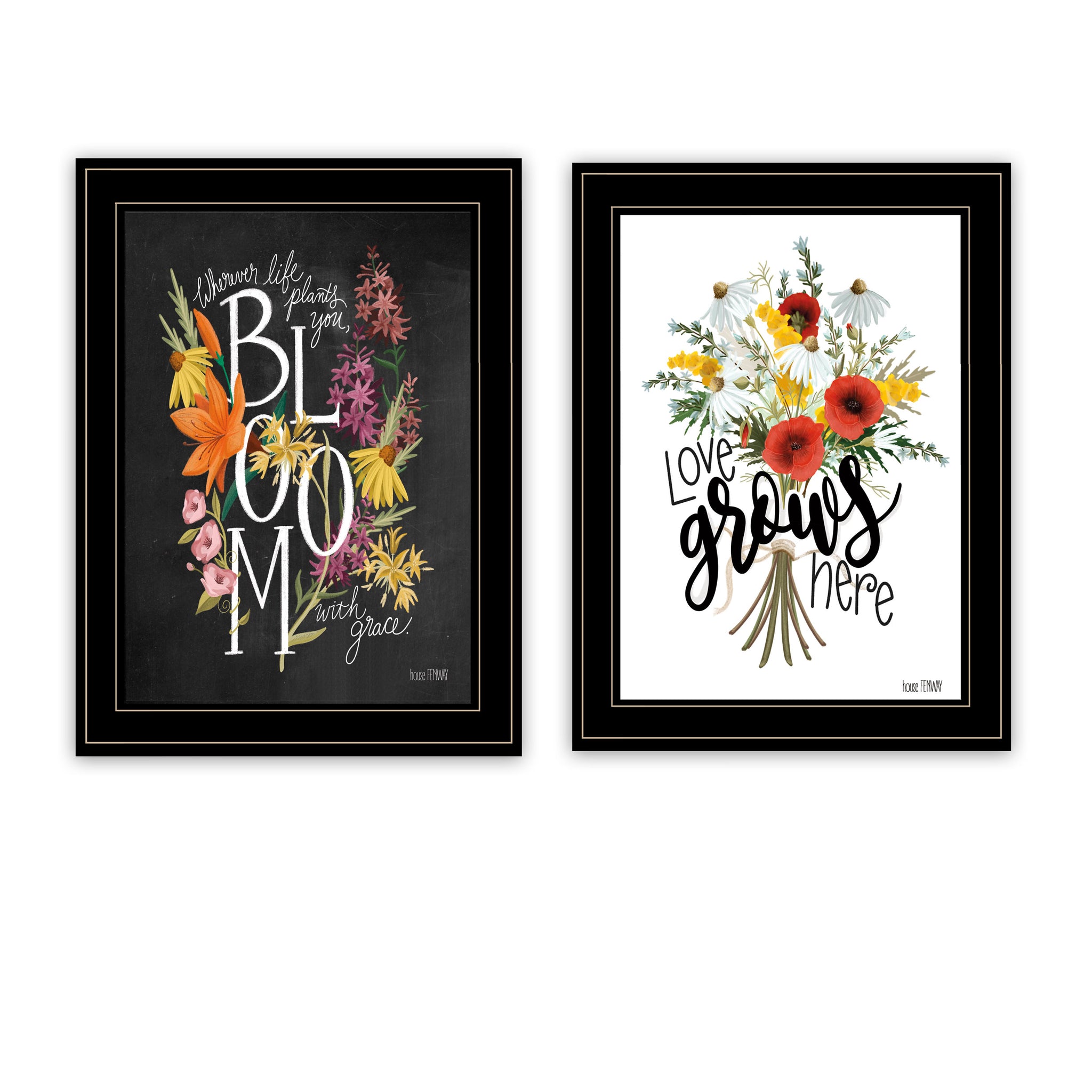 "Love & Bloom" 2 Piece Vignette By House Fenway, Ready To Hang Framed Print, Black Frame Multicolor Paper