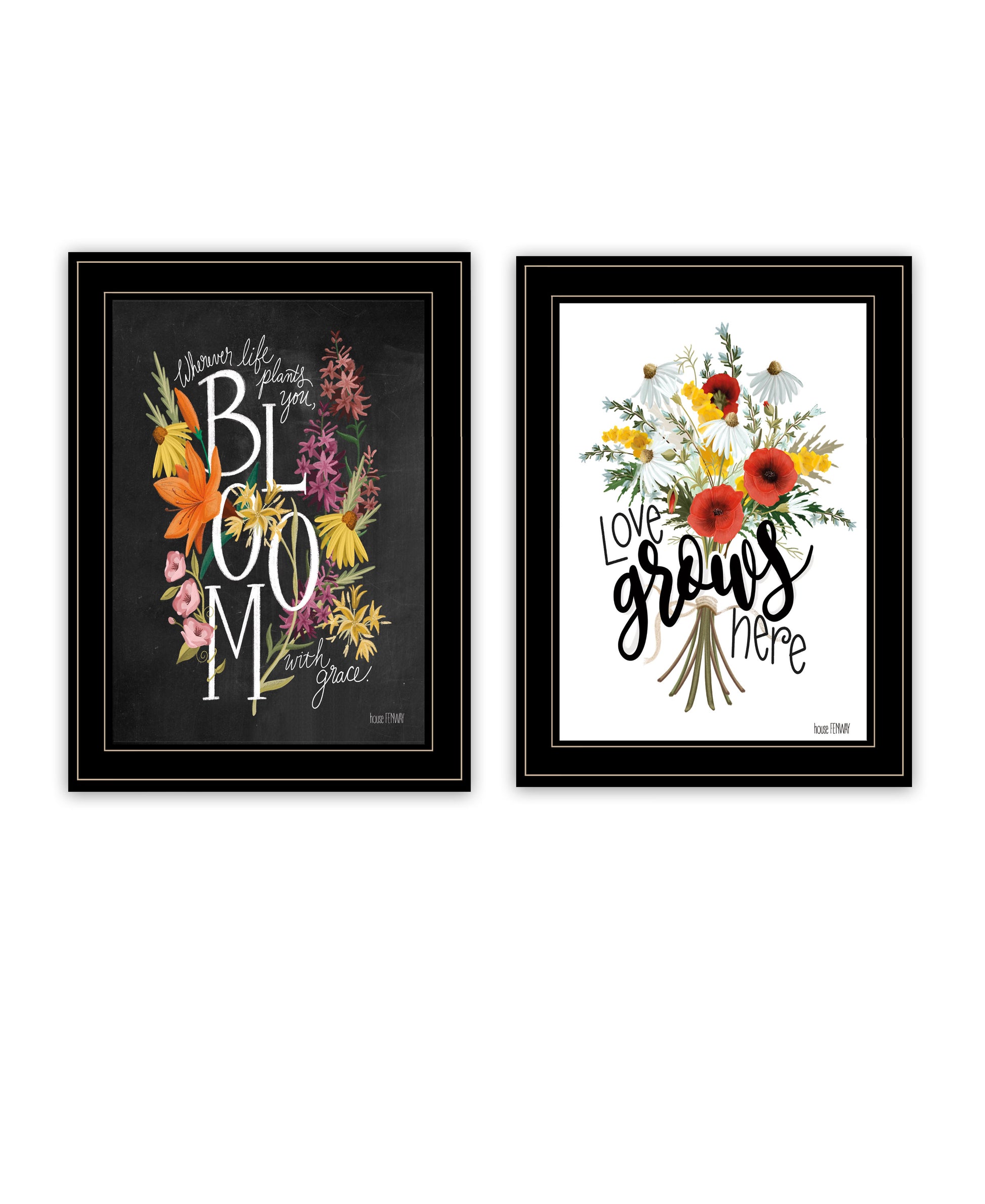 "Love & Bloom" 2 Piece Vignette By House Fenway, Ready To Hang Framed Print, Black Frame Multicolor Paper