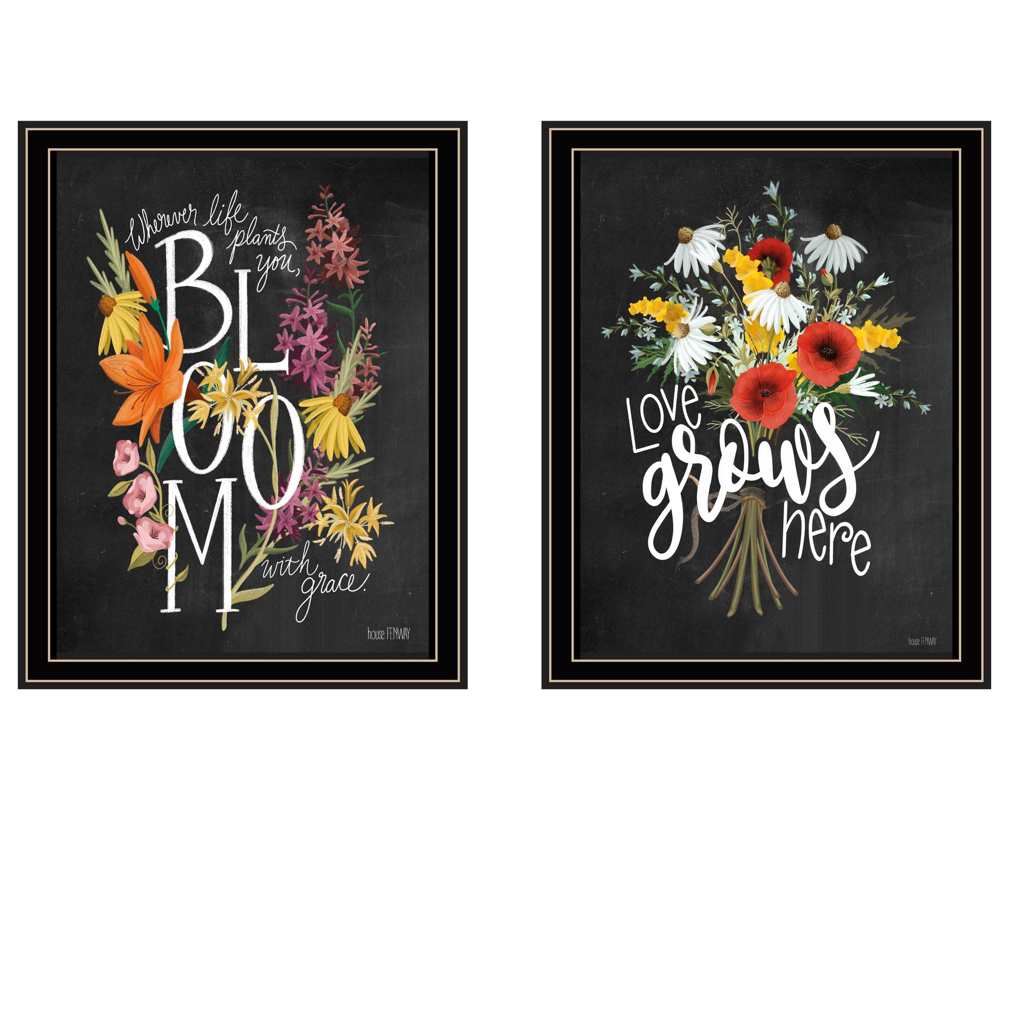 "Love Grows Here" 2 Piece Vignette By House Fenway, Ready To Hang Framed Print, Black Frame Multicolor Paper