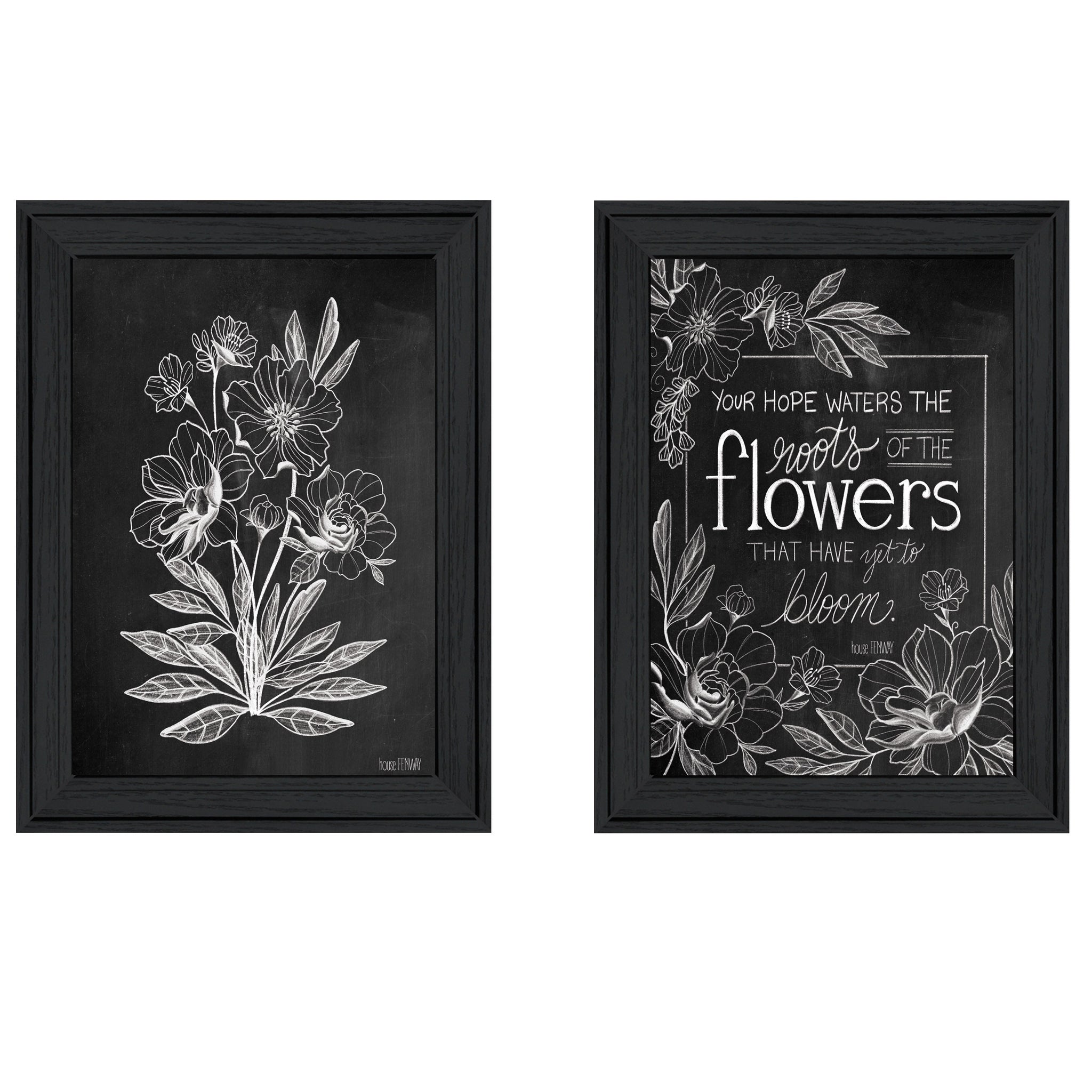 "Vintage Chalkboard Blooms" 2 Piece Vignette By House Fenway, Ready To Hang Framed Print, Black Frame Multicolor Paper