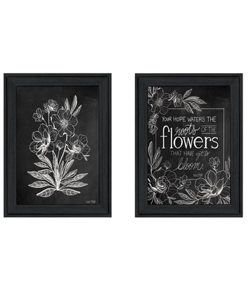 "Vintage Chalkboard Blooms" 2 Piece Vignette By House Fenway, Ready To Hang Framed Print, Black Frame Multicolor Paper