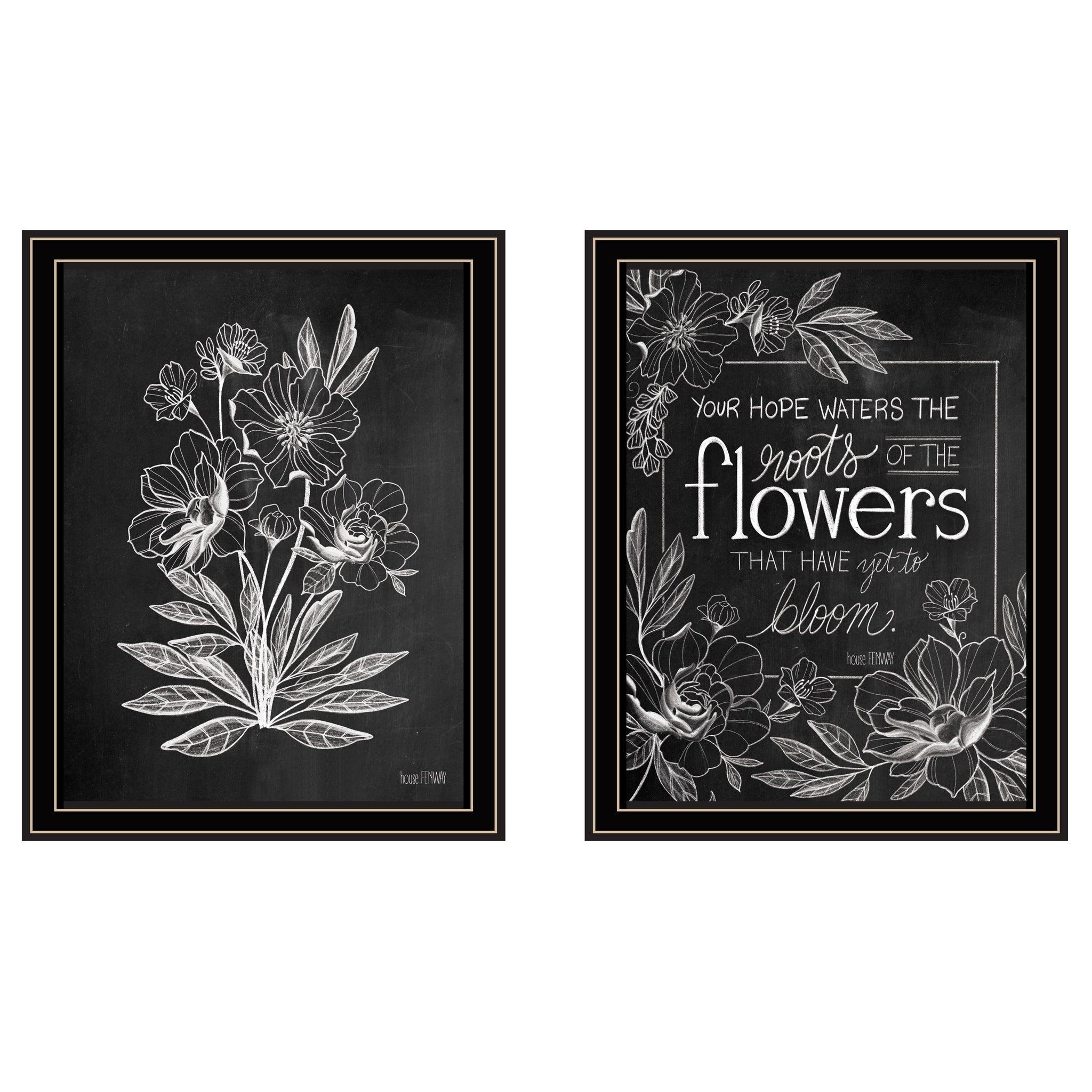 "Vintage Chalkboard Blooms" 2 Piece Vignette By House Fenway, Ready To Hang Framed Print, Black Frame Multicolor Paper