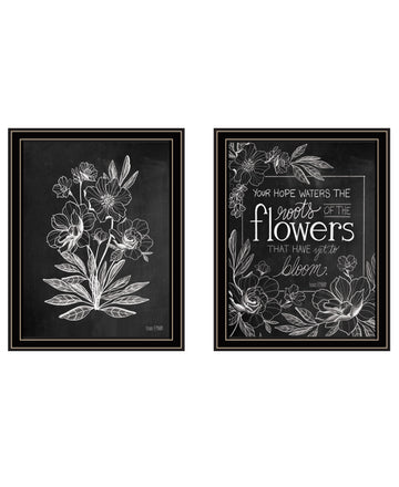 "Vintage Chalkboard Blooms" 2 Piece Vignette By House Fenway, Ready To Hang Framed Print, Black Frame Multicolor Paper