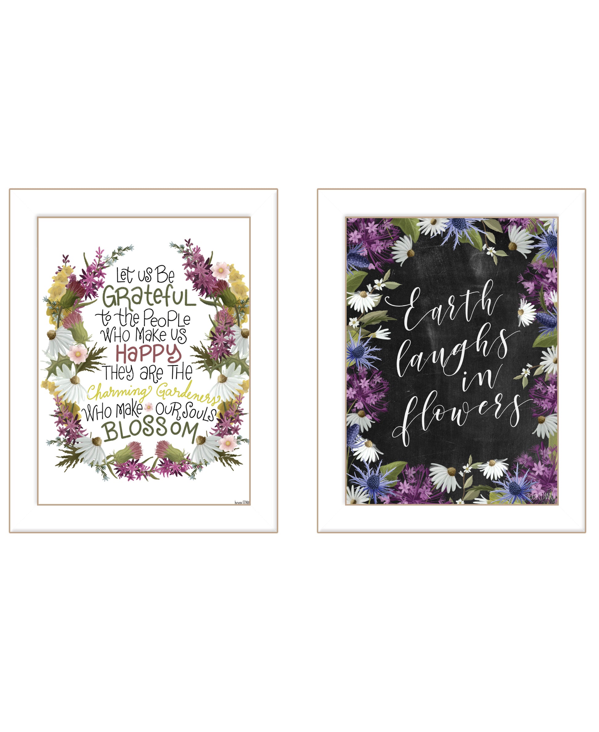 "Flowers Make Us Laugh" 2 Piece Vignette By House Fenway, Ready To Hang Framed Print, White Frame Multicolor Paper