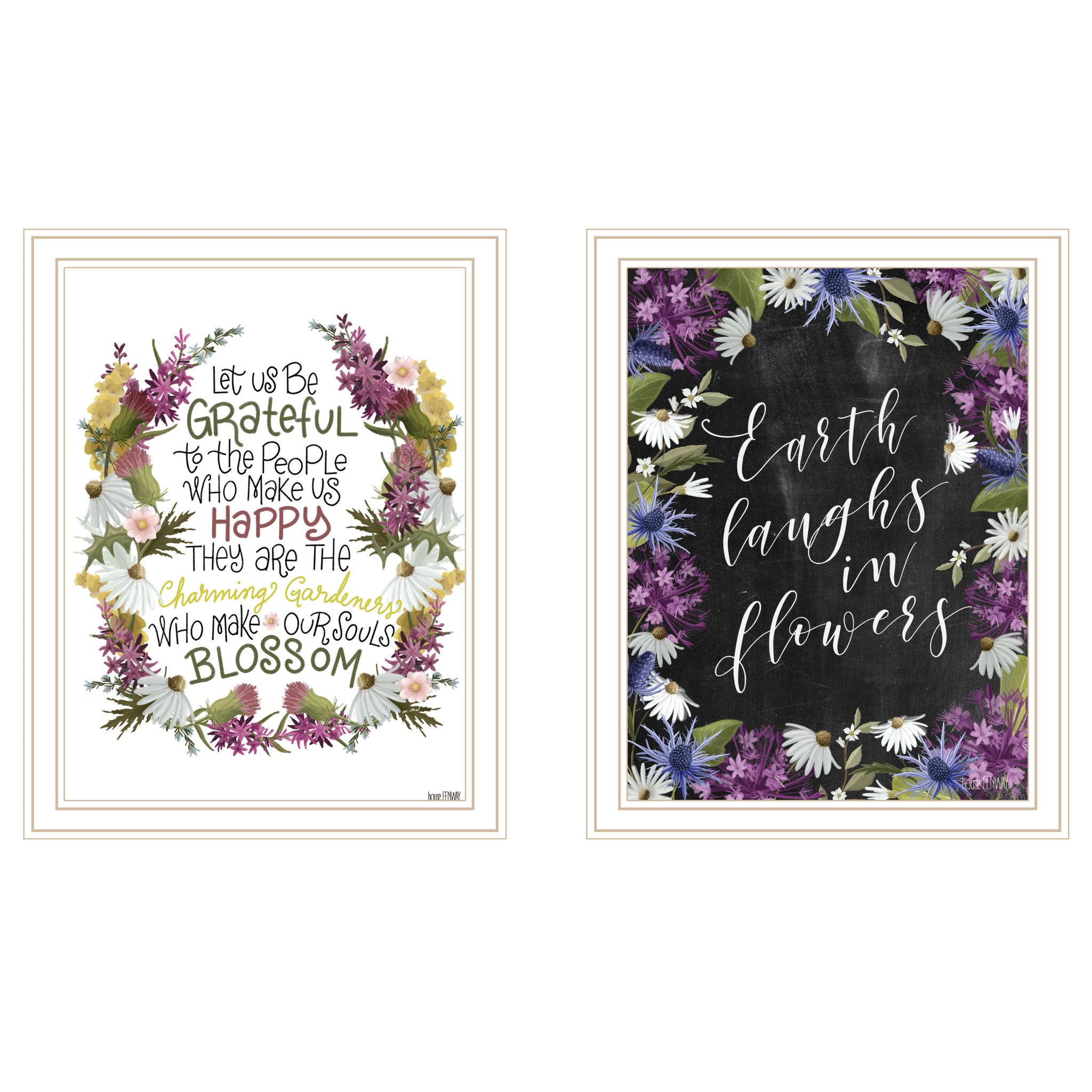 "Flowers Make Us Laugh" 2 Piece Vignette By House Fenway, Ready To Hang Framed Print, White Frame Multicolor Paper