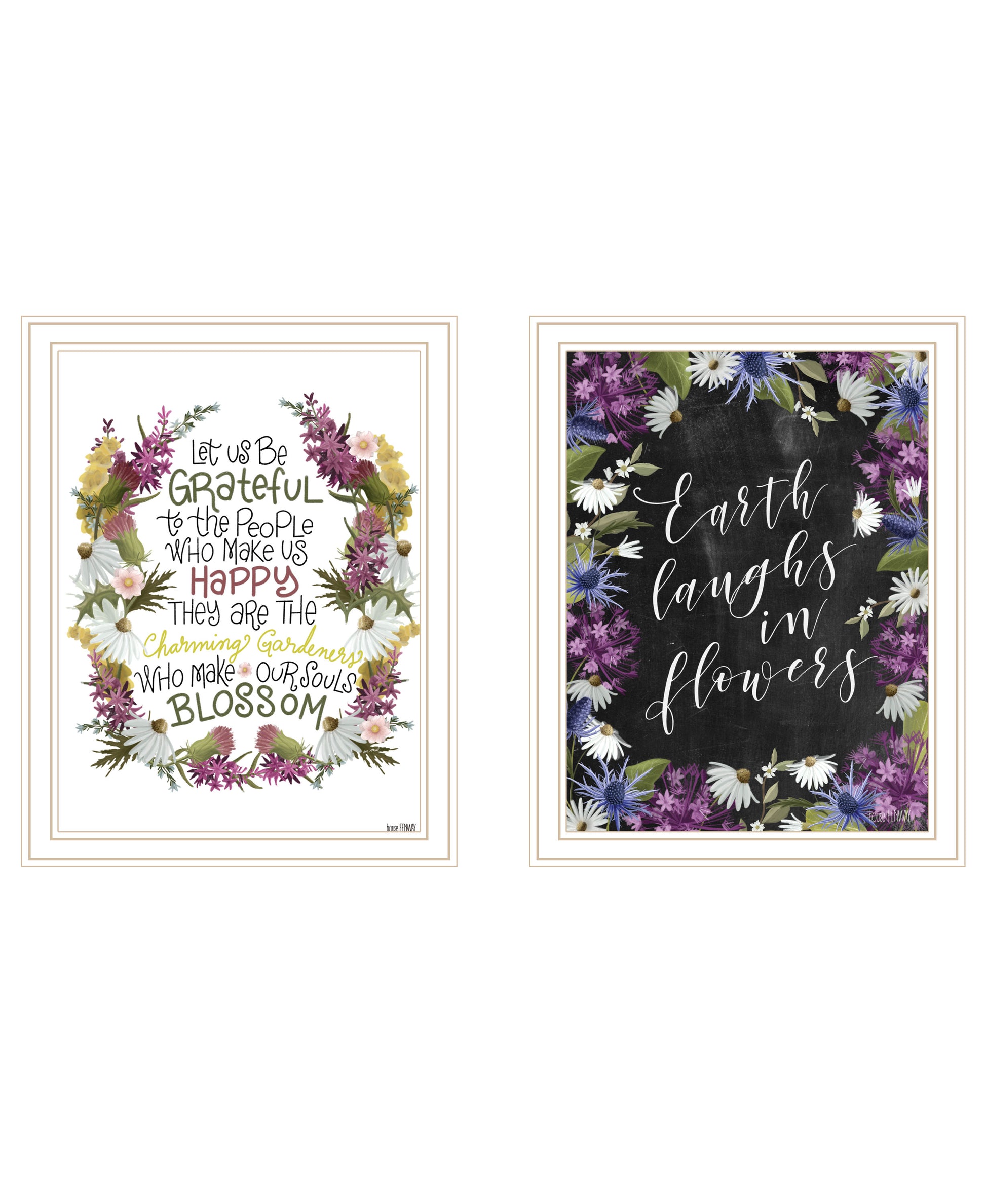 "Flowers Make Us Laugh" 2 Piece Vignette By House Fenway, Ready To Hang Framed Print, White Frame Multicolor Paper