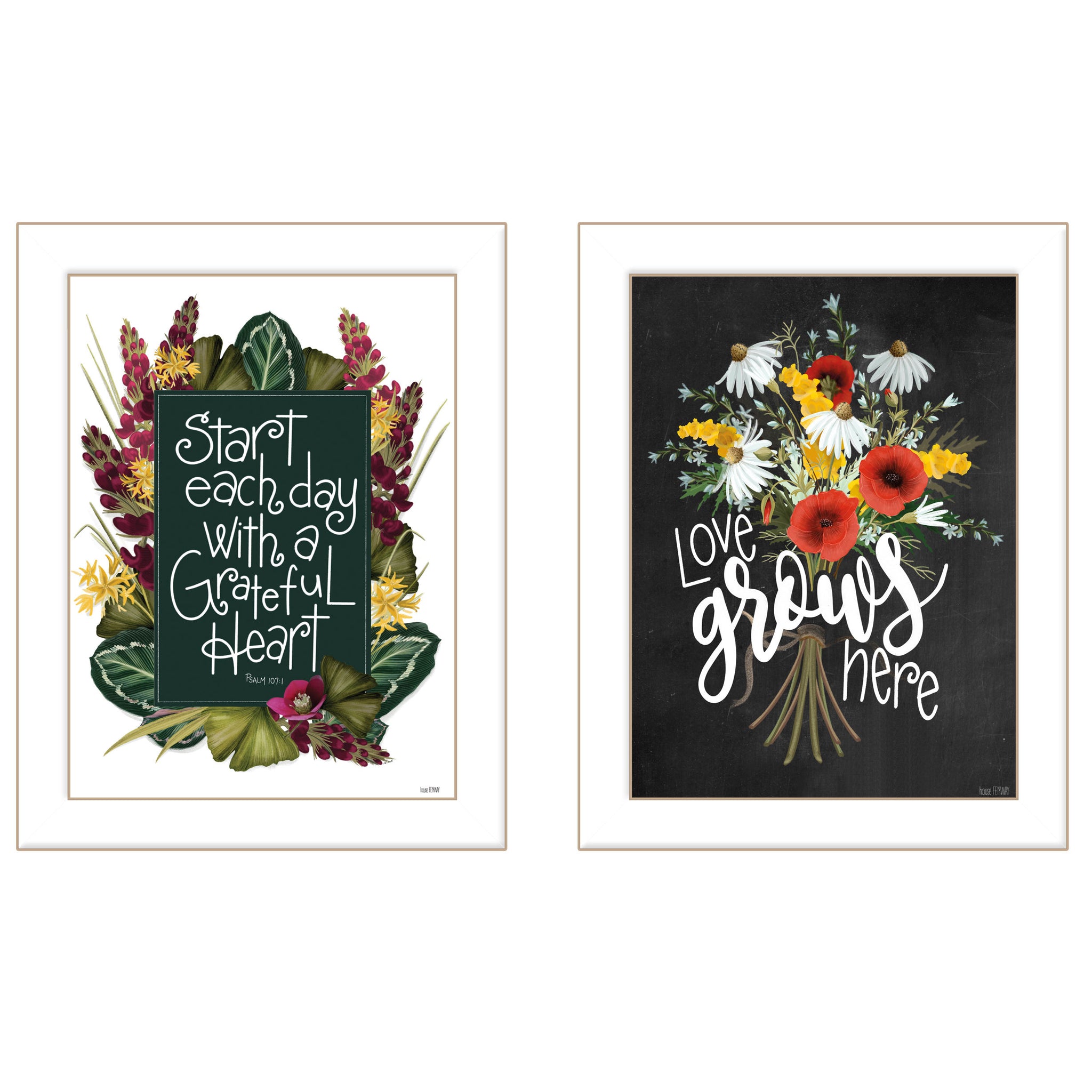 "With Grateful Hearts" 2 Piece Vignette By House Fenway, Ready To Hang Framed Print, White Frame Multicolor Paper