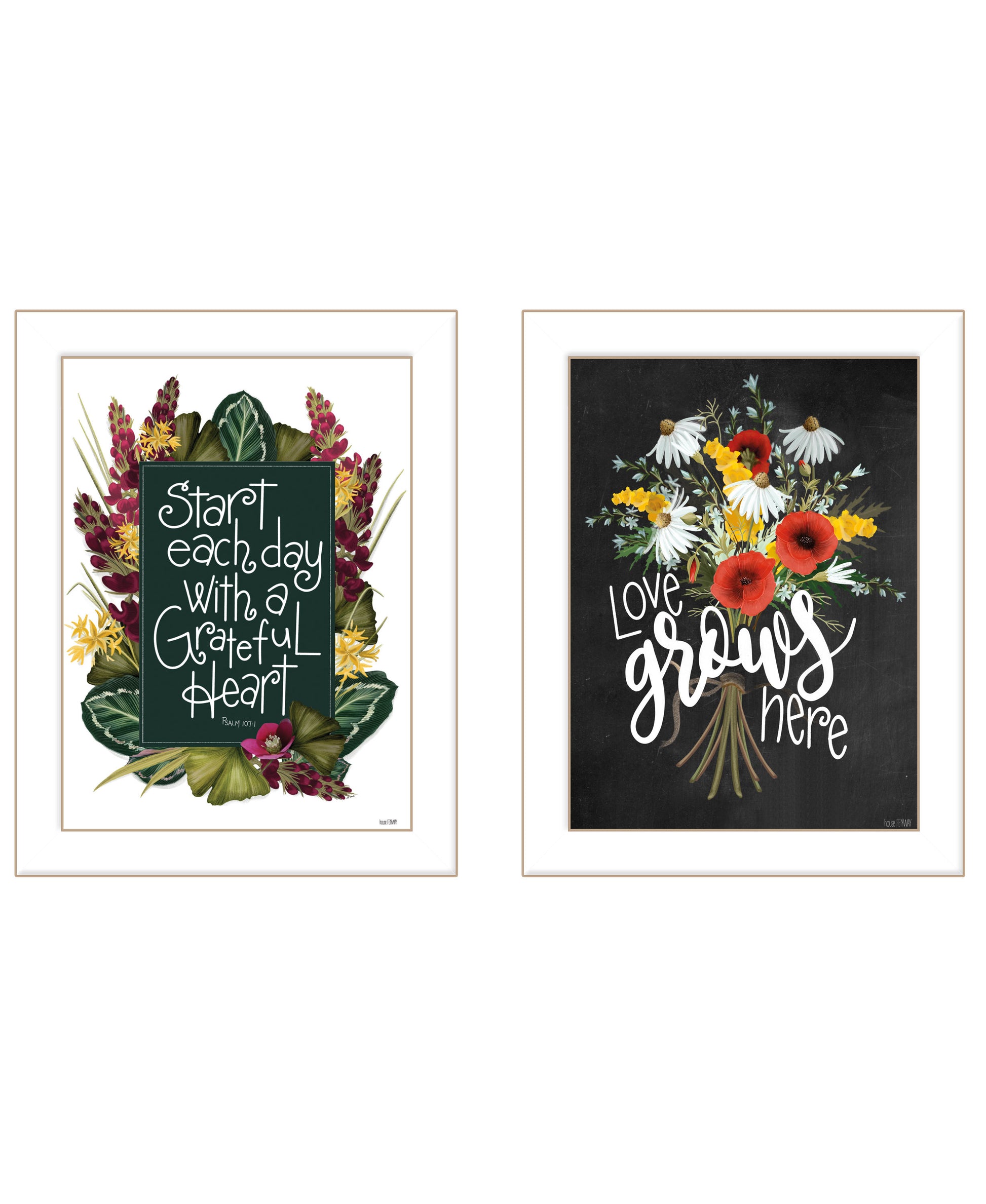 "With Grateful Hearts" 2 Piece Vignette By House Fenway, Ready To Hang Framed Print, White Frame Multicolor Paper