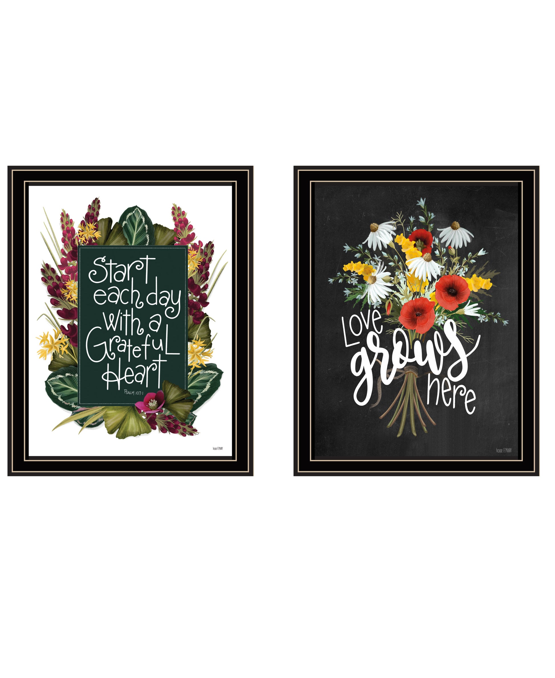 "With Grateful Hearts" 2 Piece Vignette By House Fenway, Ready To Hang Framed Print, Black Frame Multicolor Paper