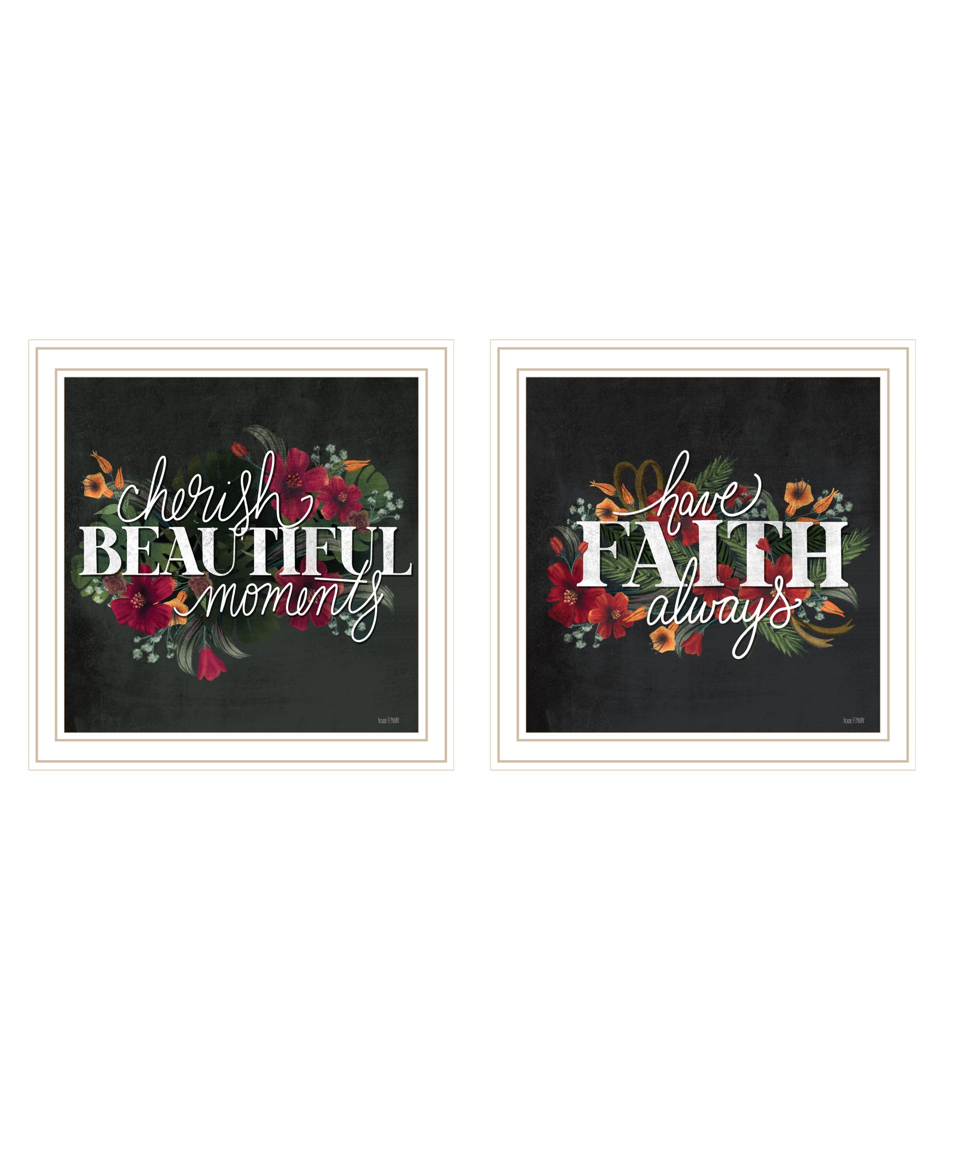 "Cherish And Have Faith" 2 Piece Vignette By House Fenway, Ready To Hang Framed Print, White Frame Multicolor Paper