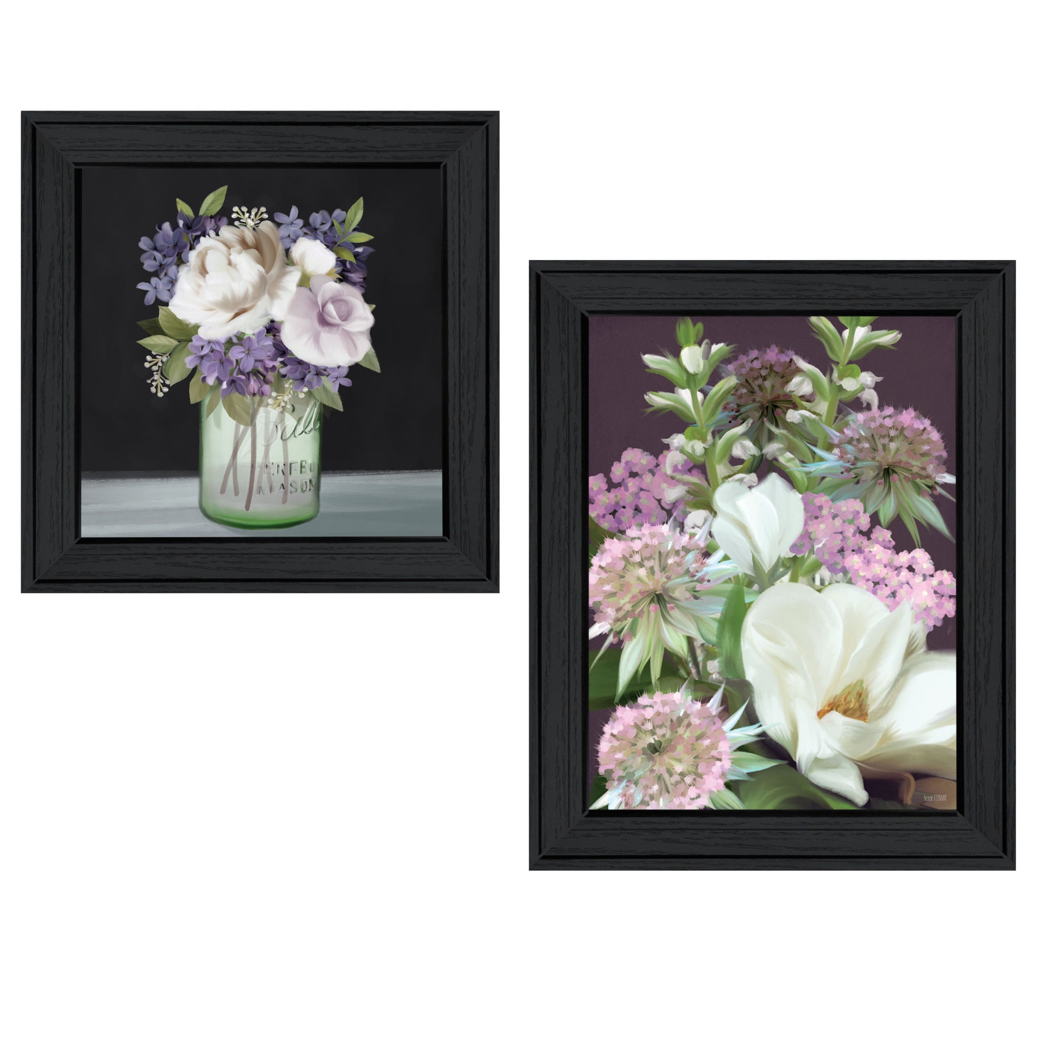 "Lilac & Wild Plum Bouquet" 2 Piece Vignette By House Fenway, Ready To Hang Framed Print, Black Frame Multicolor Paper