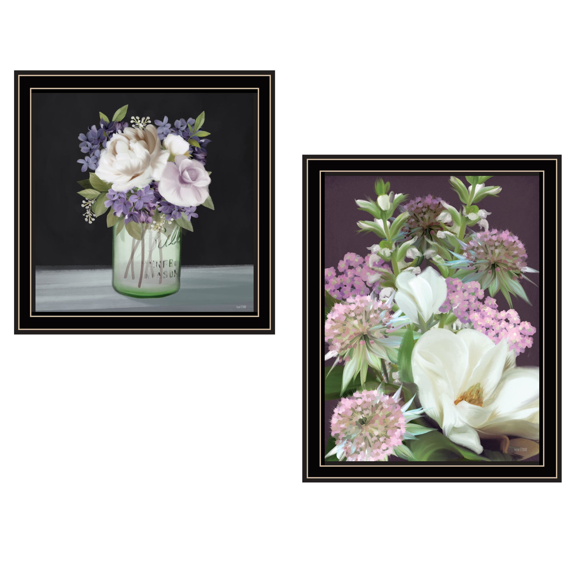 "Lilac & Wild Plum Bouquet" 2 Piece Vignette By House Fenway, Ready To Hang Framed Print, Black Frame Multicolor Paper