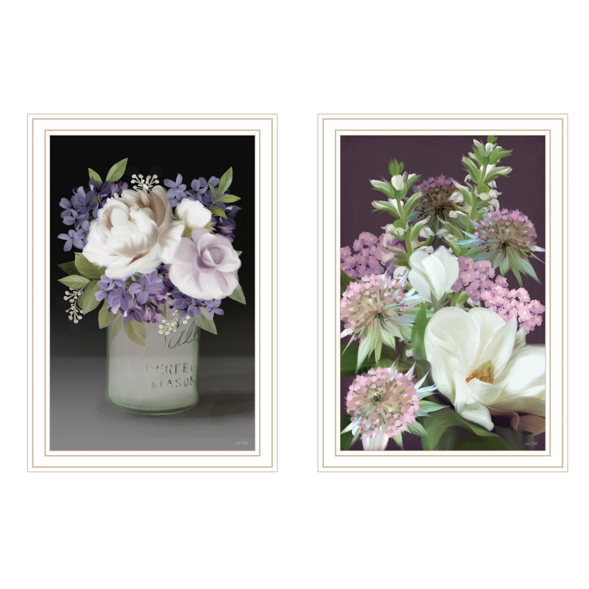 "Lilac & Wild Plum Bouquet" 2 Piece Vignette By House Fenway, Ready To Hang Framed Print, White Frame Multicolor Paper