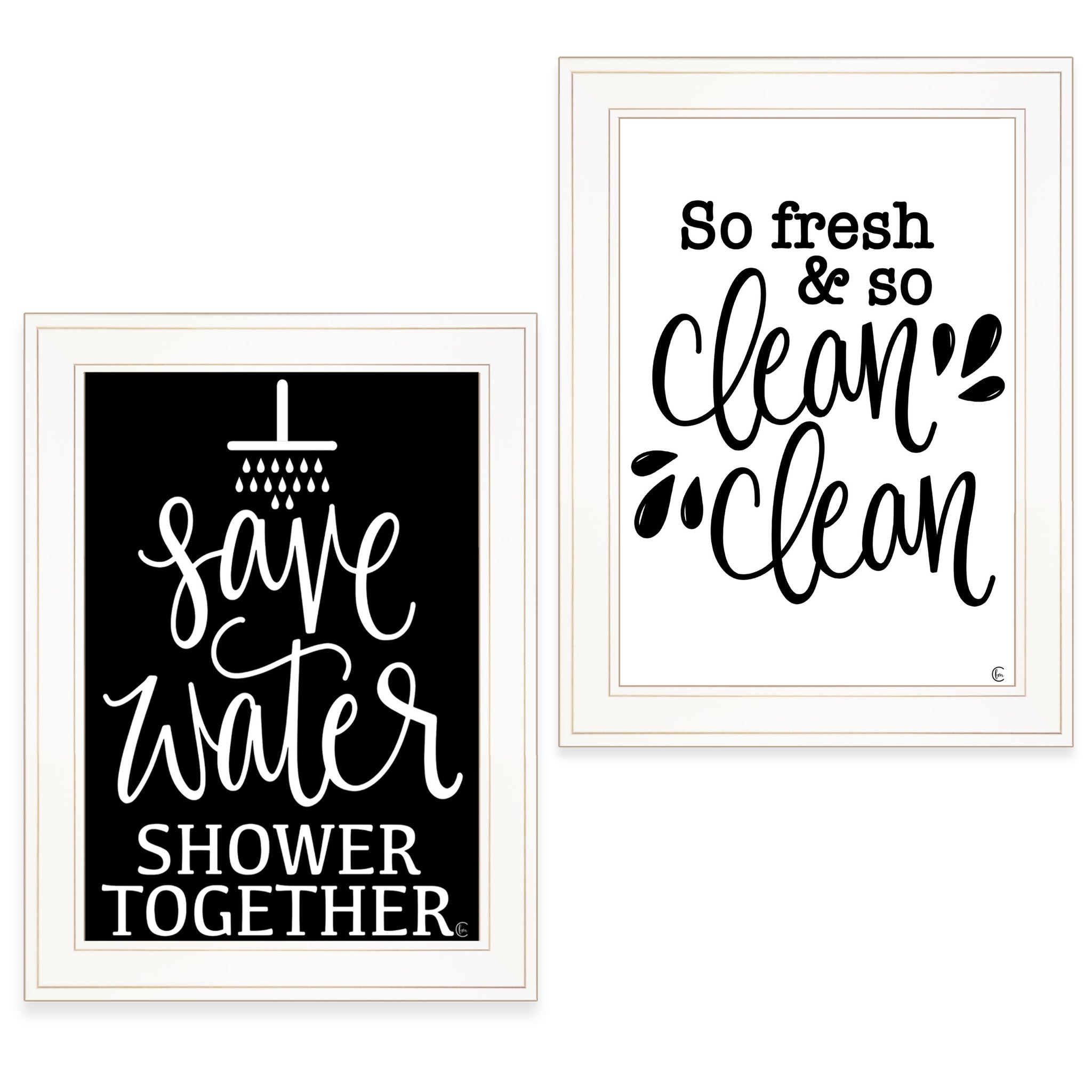 "Clean Shower Together" 2 Piece Vignette By Fearfully Made Creations, Ready To Hang Framed Print, White Frame Multicolor Paper