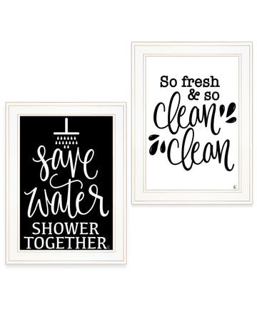 "Clean Shower Together" 2 Piece Vignette By Fearfully Made Creations, Ready To Hang Framed Print, White Frame Multicolor Paper