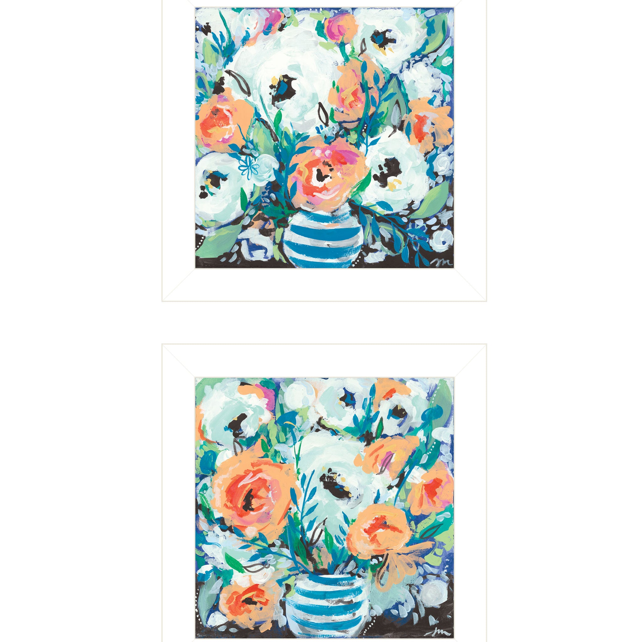 "Fancy Floral Collection" 2 Piece Vignette By Jessica Mingo, Ready To Hang Framed Print, White Frame Multicolor Paper