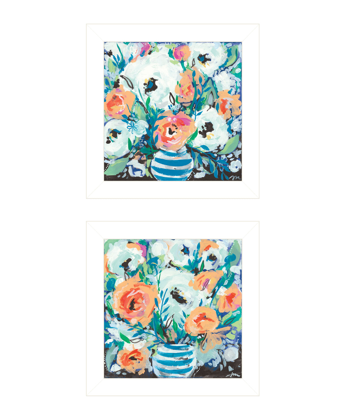 "Fancy Floral Collection" 2 Piece Vignette By Jessica Mingo, Ready To Hang Framed Print, White Frame Multicolor Paper