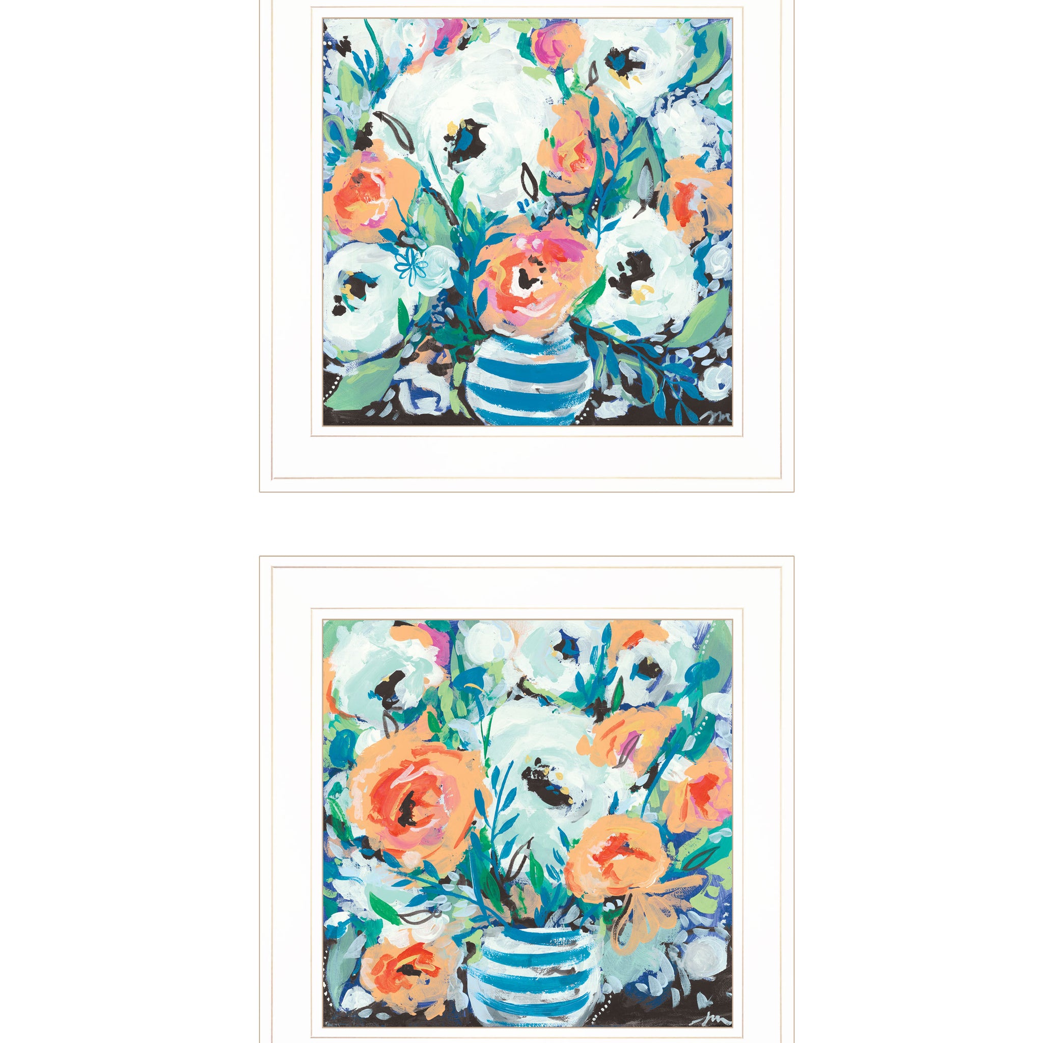 "Fancy Floral Collection" 2 Piece Vignette By Jessica Mingo, Ready To Hang Framed Print, White Frame Multicolor Paper