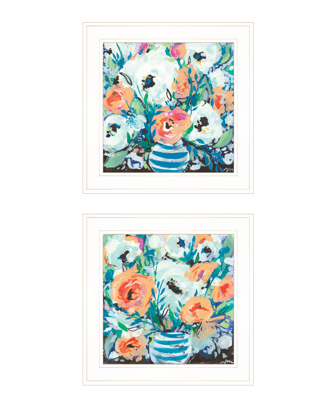 "Fancy Floral Collection" 2 Piece Vignette By Jessica Mingo, Ready To Hang Framed Print, White Frame Multicolor Paper