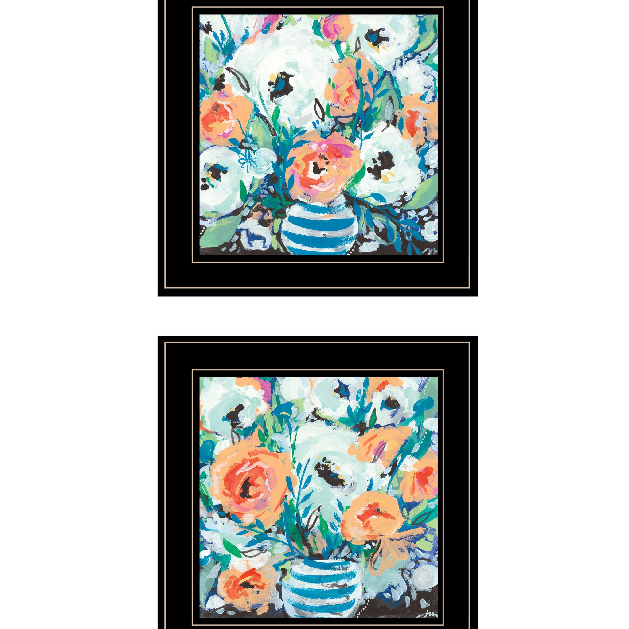 "Fancy Floral Collection" 2 Piece Vignette By Jessica Mingo, Ready To Hang Framed Print, Black Frame Multicolor Paper