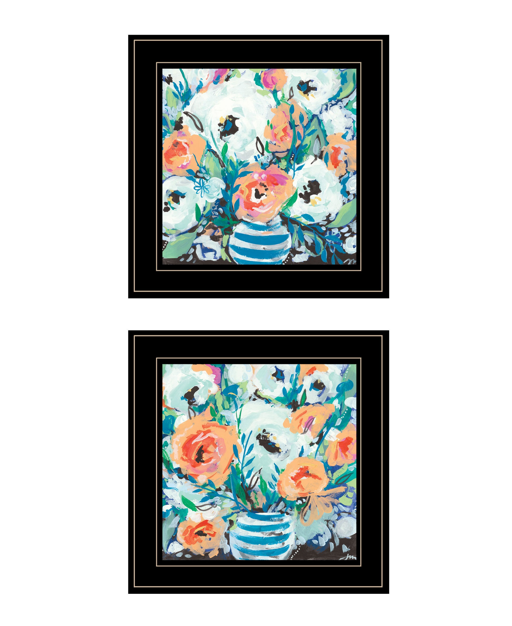 "Fancy Floral Collection" 2 Piece Vignette By Jessica Mingo, Ready To Hang Framed Print, Black Frame Multicolor Paper