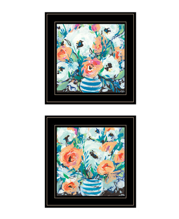 "Fancy Floral Collection" 2 Piece Vignette By Jessica Mingo, Ready To Hang Framed Print, Black Frame Multicolor Paper