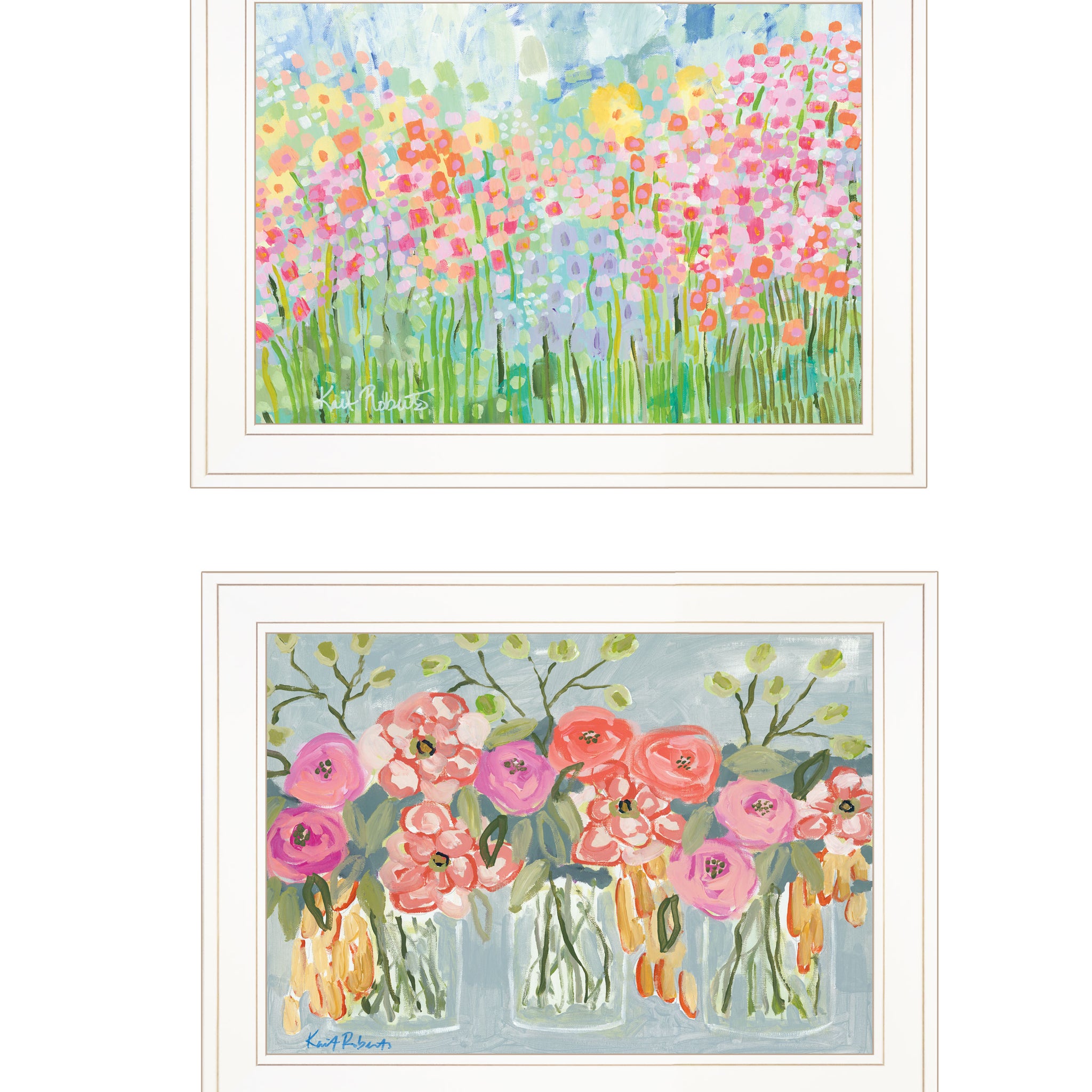 "Garden Flowers Ii" 2 Piece Vignette By Kait Roberts, Ready To Hang Framed Print, White Frame Multicolor Paper