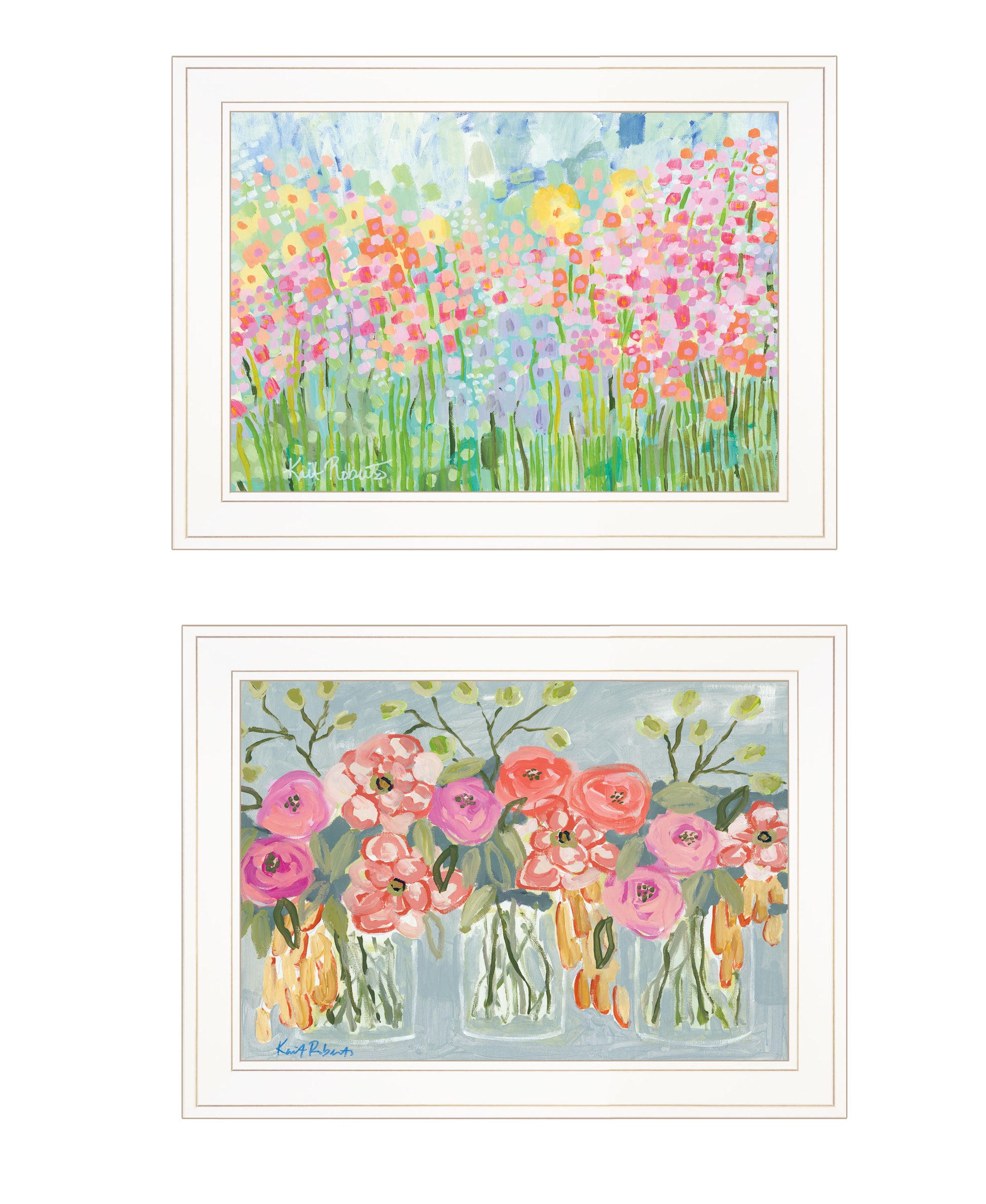 "Garden Flowers Ii" 2 Piece Vignette By Kait Roberts, Ready To Hang Framed Print, White Frame Multicolor Paper