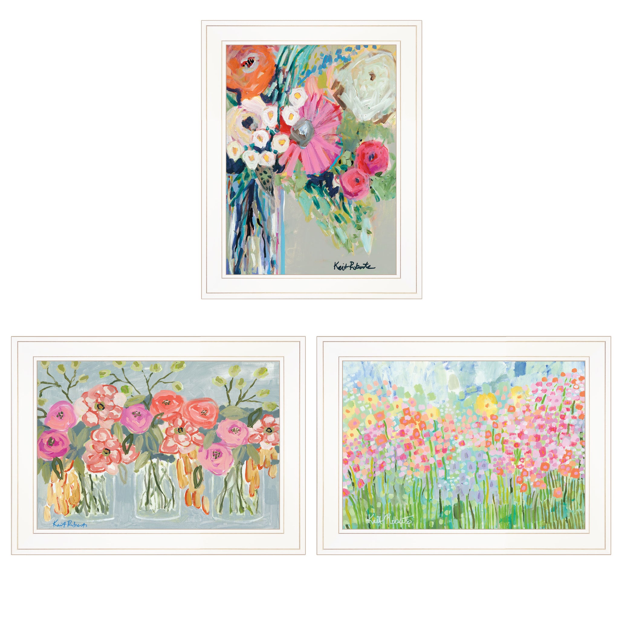 "Garden Flowers Iii" 3 Piece Vignette By Kait Roberts, Ready To Hang Framed Print, White Frame Multicolor Paper