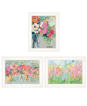 "Garden Flowers Iii" 3 Piece Vignette By Kait Roberts, Ready To Hang Framed Print, White Frame Multicolor Paper