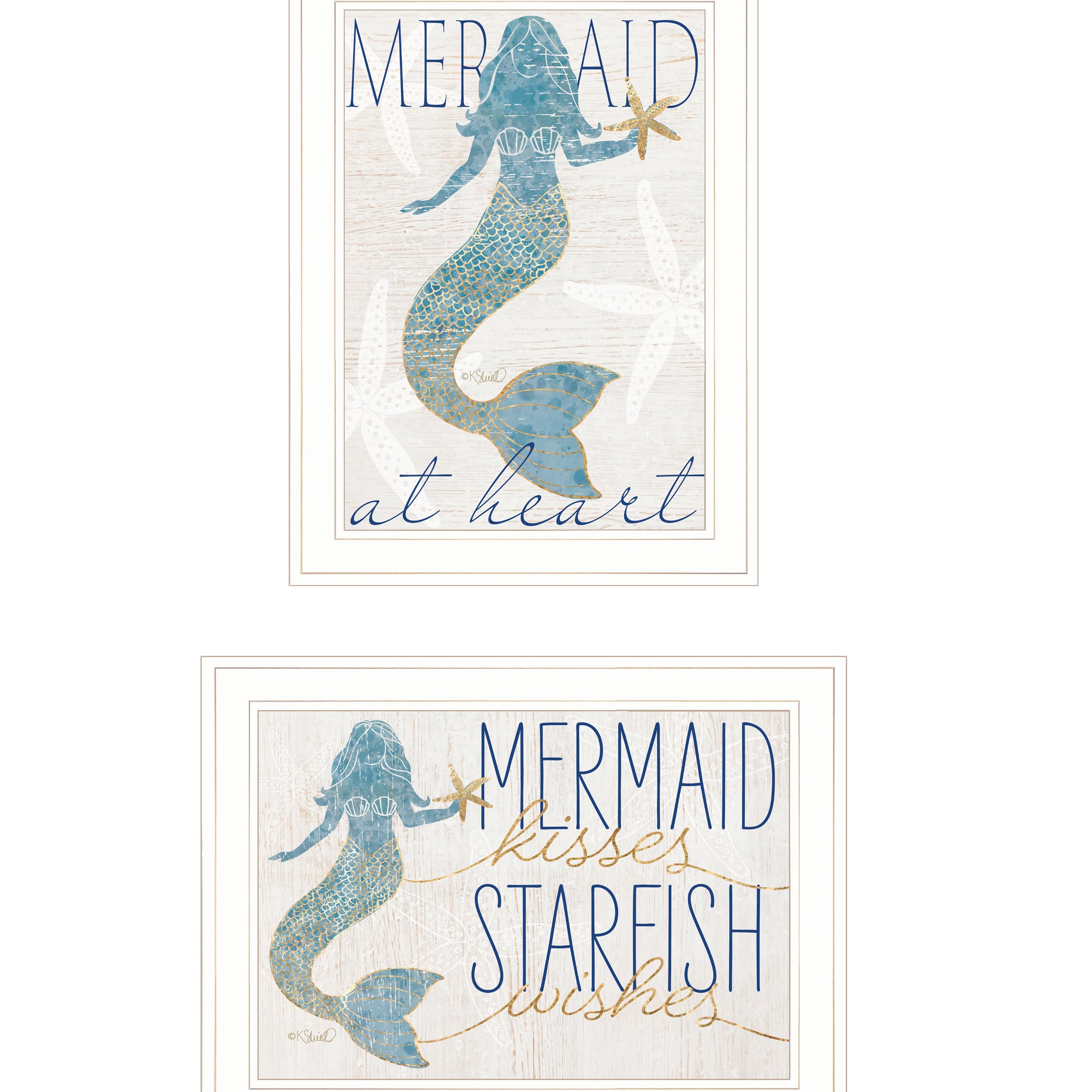 "Two Mermaids" 2 Piece Vignette By Kate Sherrill, Ready To Hang Framed Print, White Frame Multicolor Paper