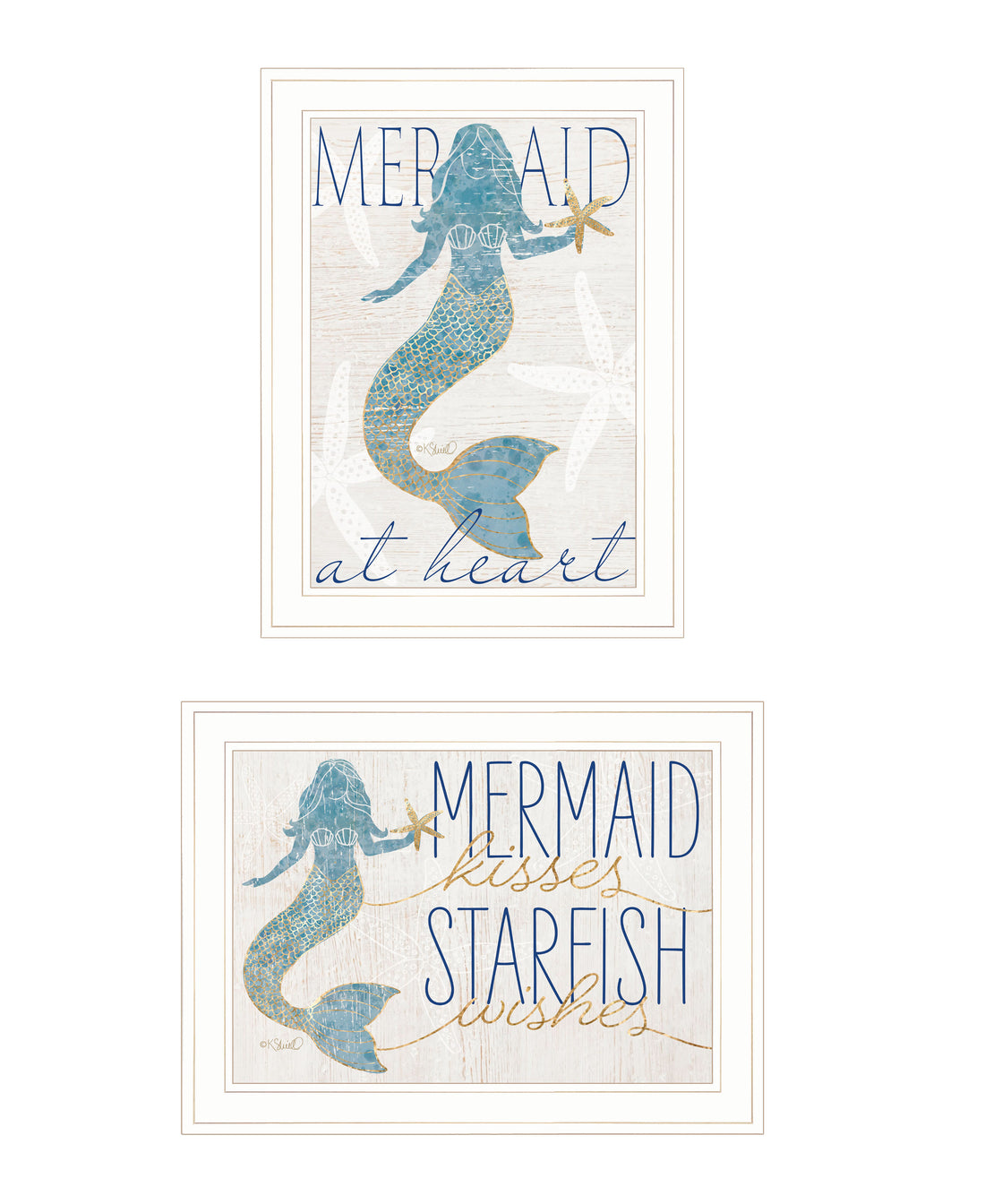 "Two Mermaids" 2 Piece Vignette By Kate Sherrill, Ready To Hang Framed Print, White Frame Multicolor Paper