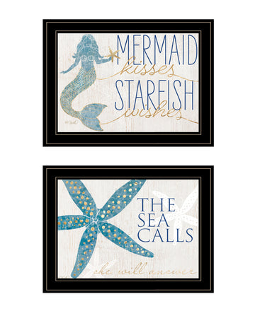 "Mermaid Kisses Starfish Wishes" 2 Piece Vignette By Kate Sherrill, Ready To Hang Framed Print, Black Frame Multicolor Paper