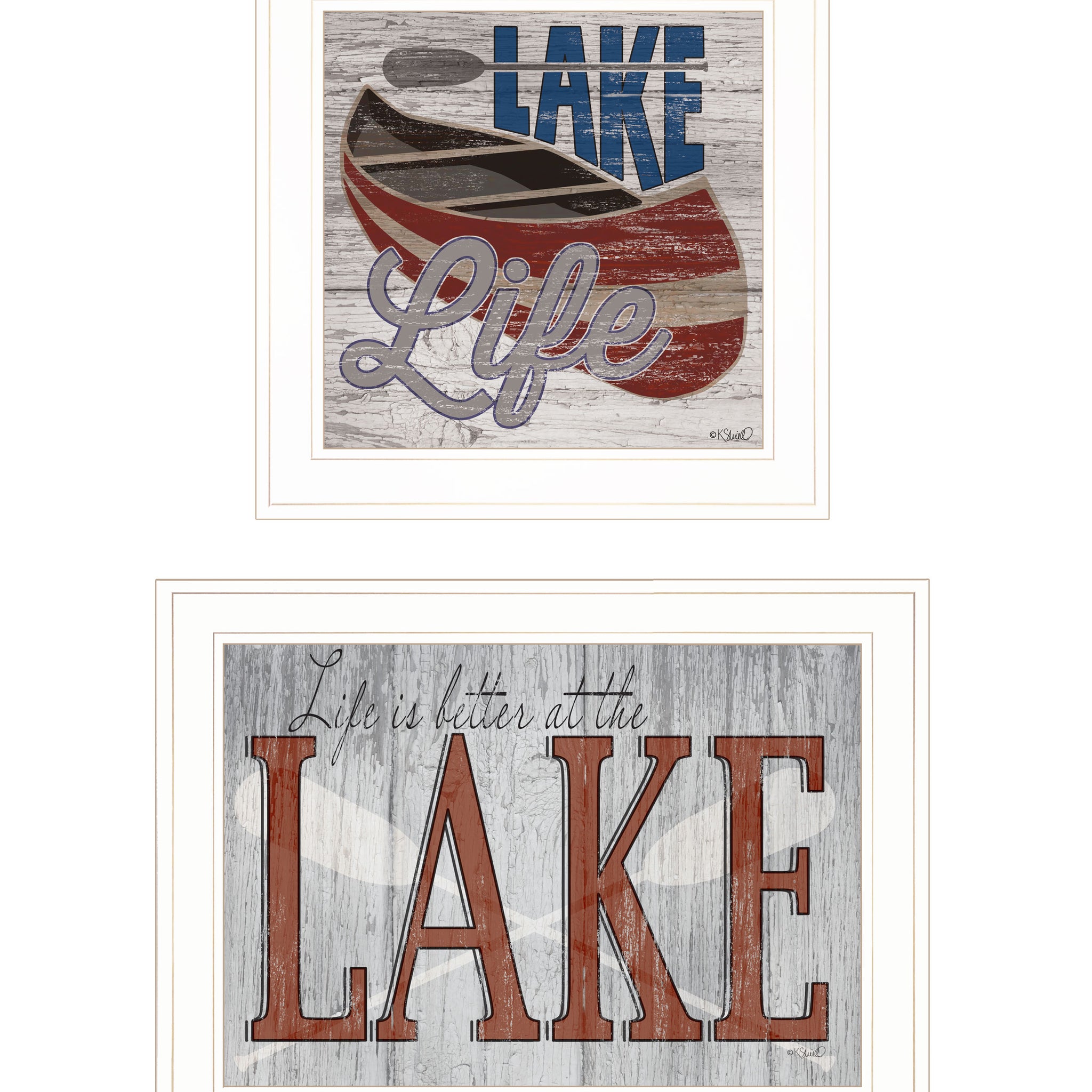 "Lake Life Is Better" 2 Piece Vignette By Kate Sherrill, Ready To Hang Framed Print, White Frame Multicolor Paper