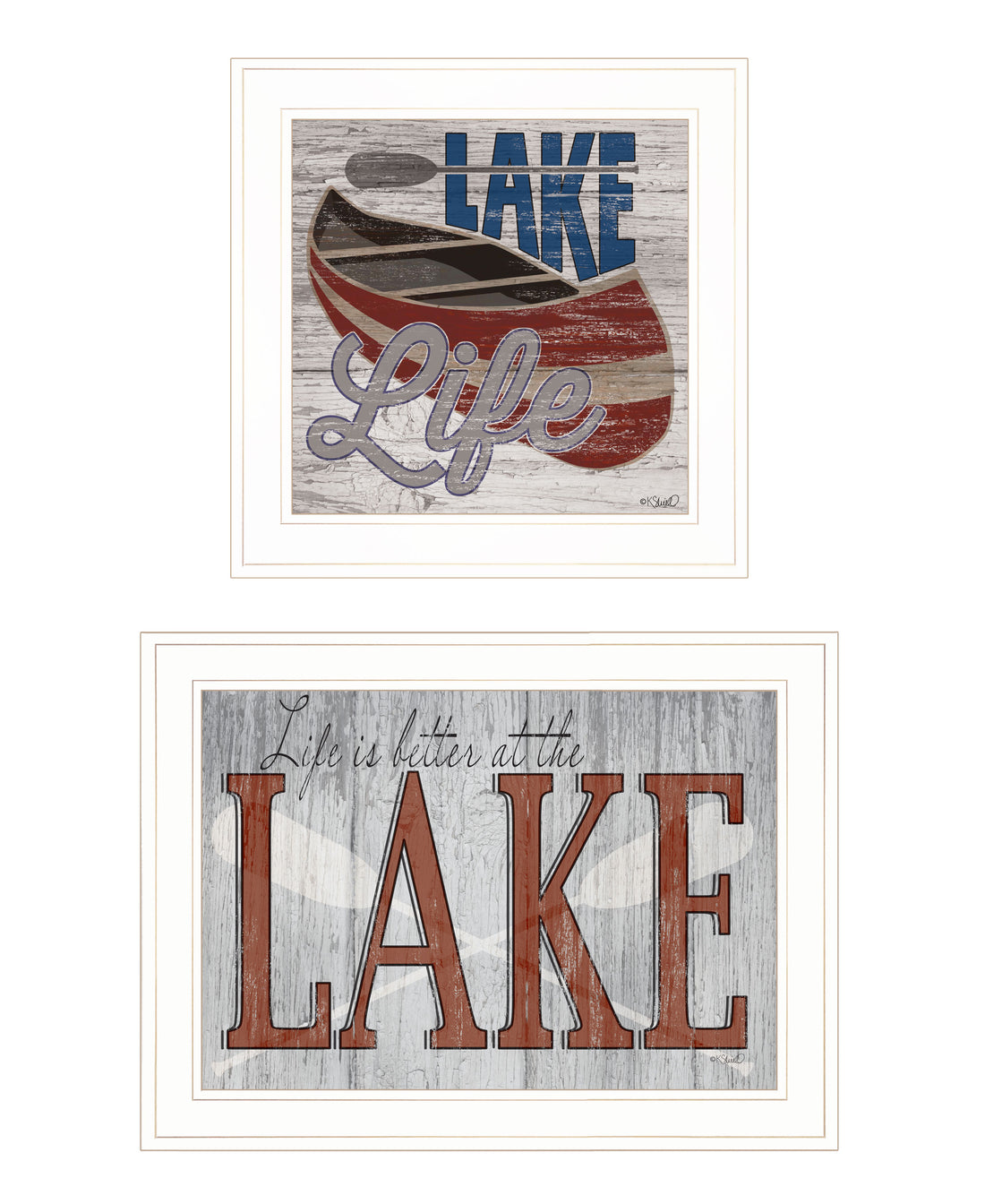 "Lake Life Is Better" 2 Piece Vignette By Kate Sherrill, Ready To Hang Framed Print, White Frame Multicolor Paper