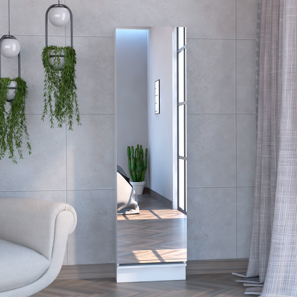 Shoe Rack 67" H, Five Internal Storage Shelves, A Mirror, A Door, Approximate Capacity Of 10 Pairs Of Shoes, White White Particle Board Particle Board