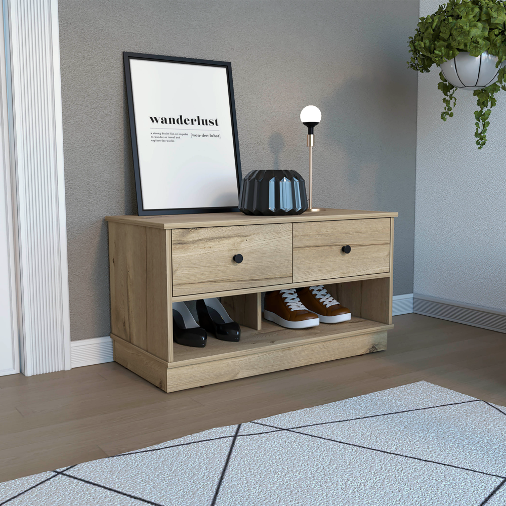 Uranus Storage Bench, Two Drawers, Two Open Shelves, Light Oak Light Oak Particle Board Particle Board