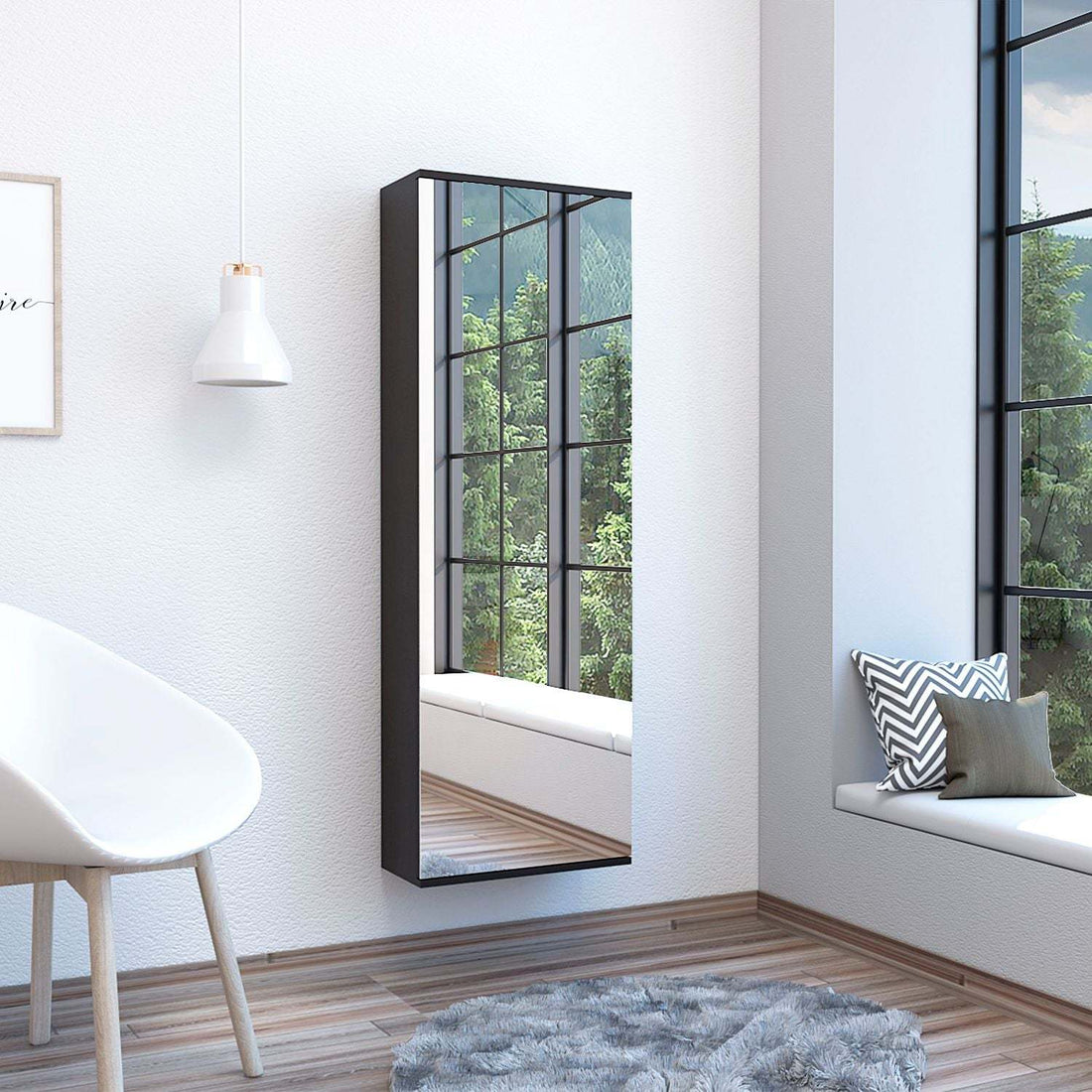 Wall Shoe Rack 54" H, One Mirror, One Door, Five Internal Storage Shelves, Approximate Capacity For Ten Shoes, Black Black Particle Board Particle Board