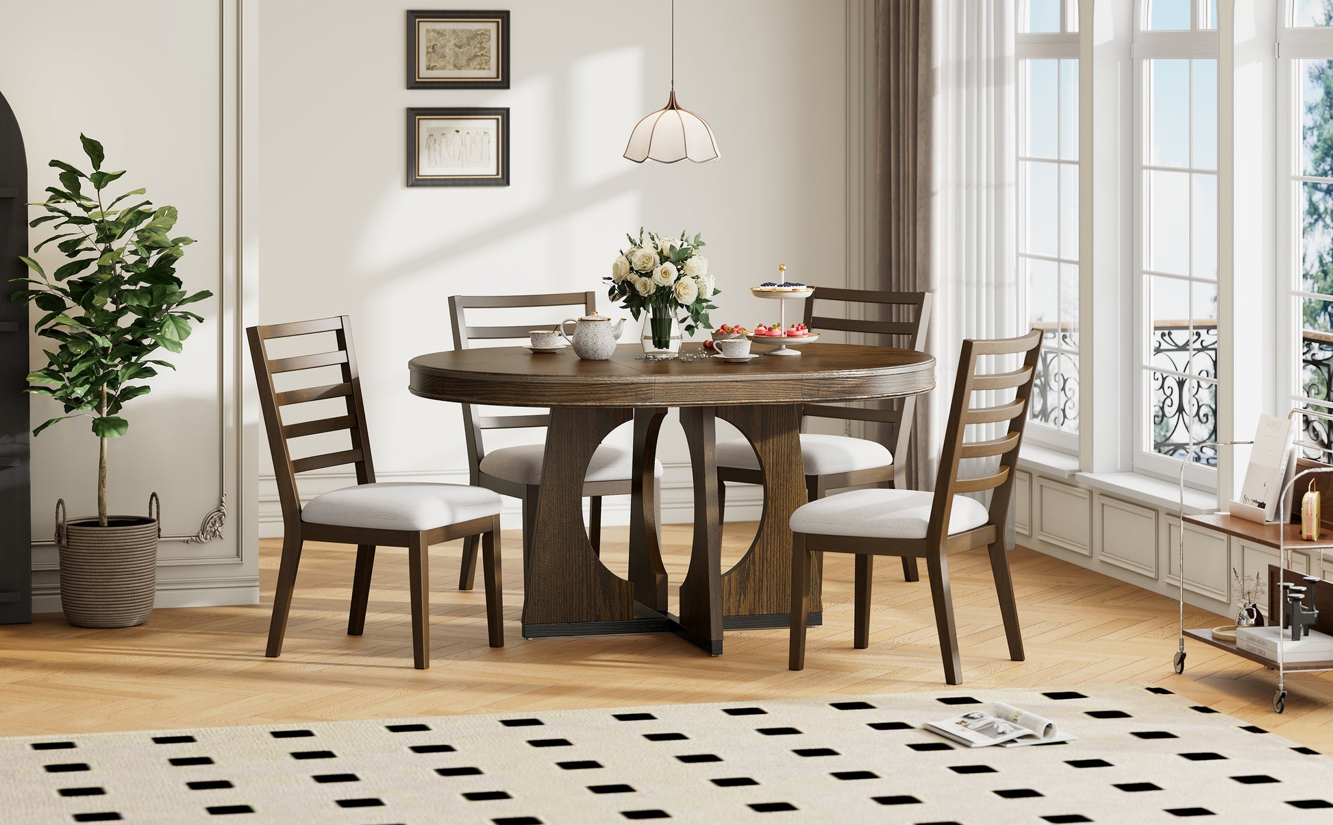 5 Piece Retro Rustic Functional Dining Set Unique Geometric Design, 1 Extendable Table With A 16 Inch Leaf And 4 Upholstered Chairs Ideal For Dining Room And Kitchen Walnut Walnut Solid Wood Mdf