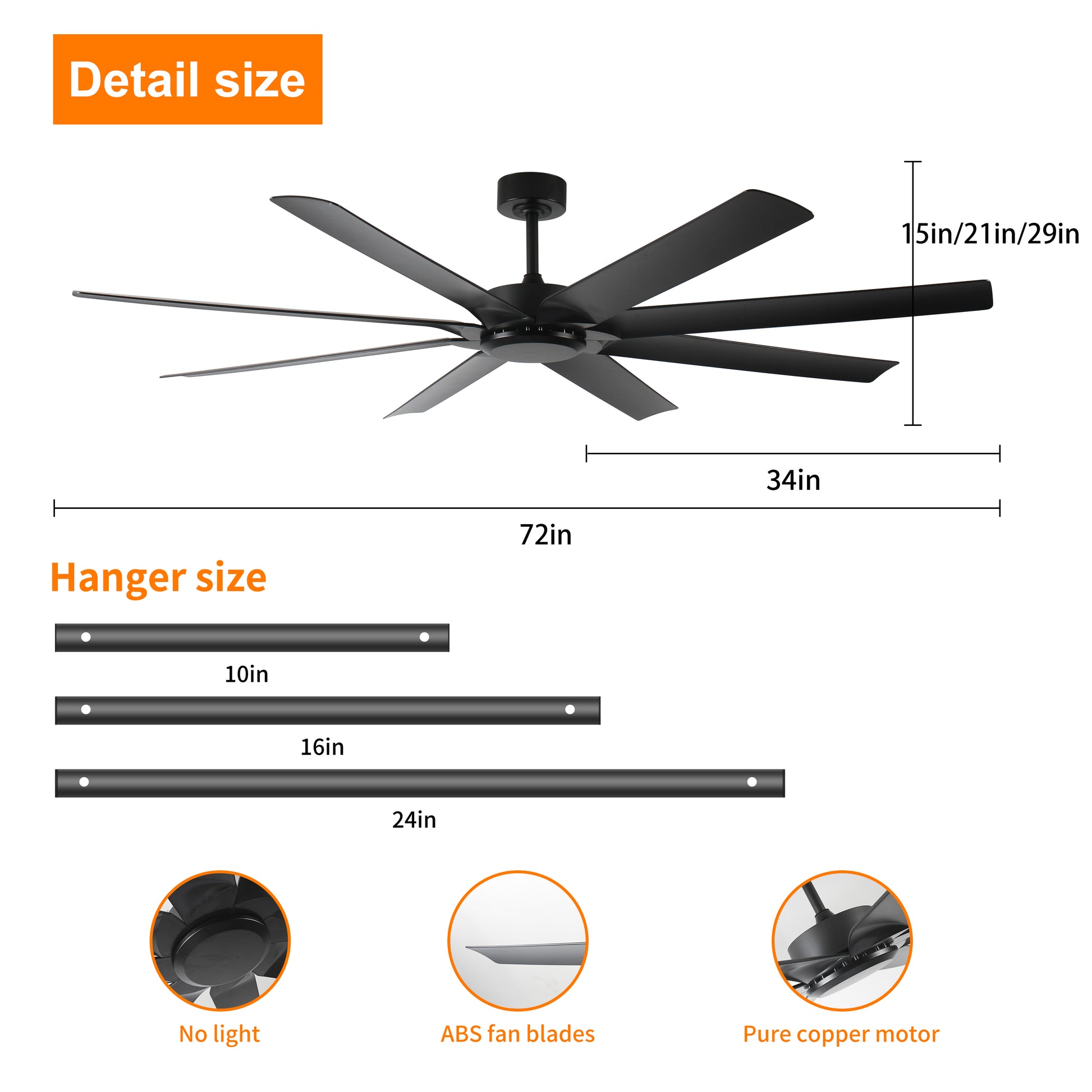 72 Inch Ceiling Fans No Light With Remote Control, 8 Reversible Blade, Quiet Dc Motor, Timer Function, 6 Speed, Industrial Ceiling Fan For Bedroom Home Kitchen Black Black Classic Abs Steel Q235