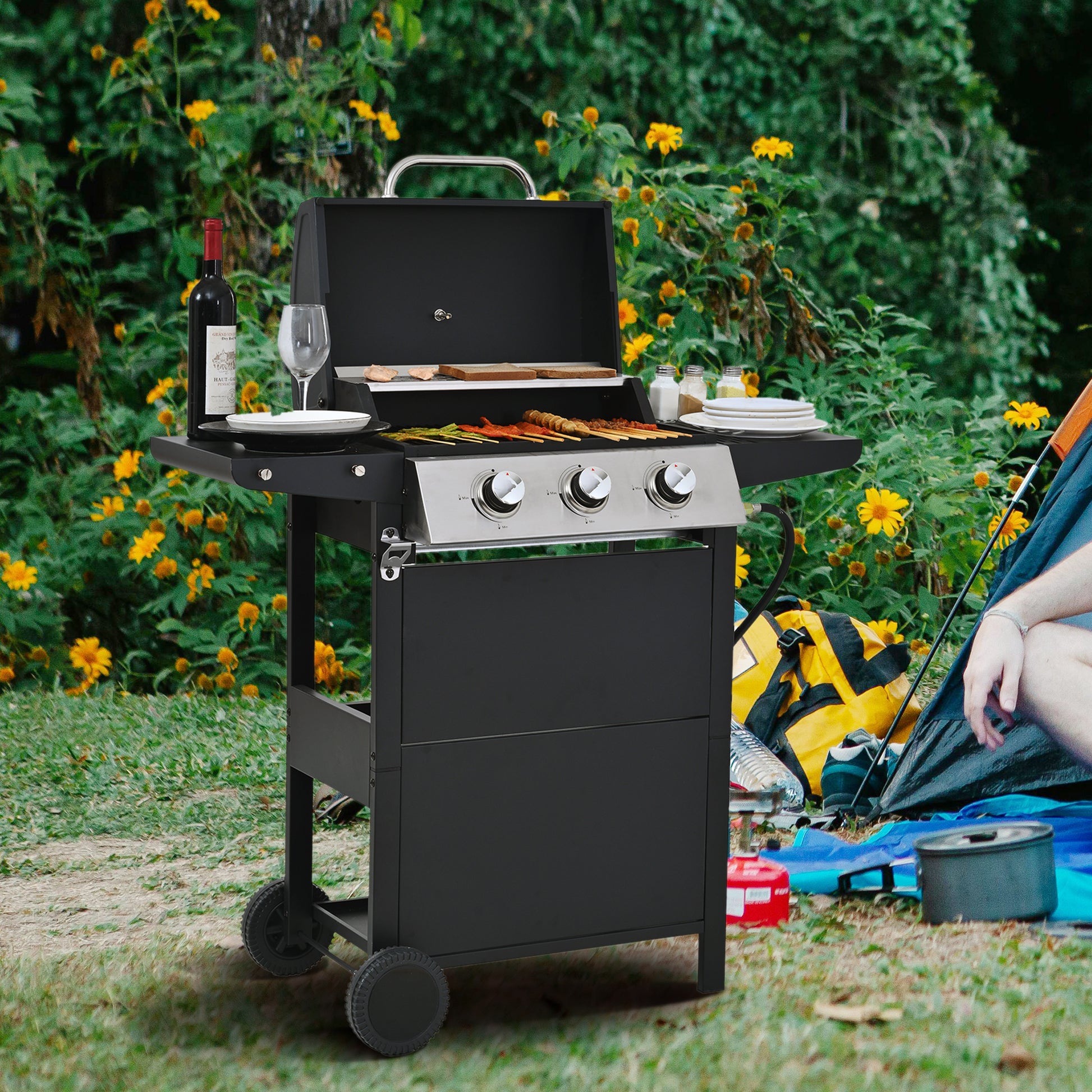 Propane Gas Grill 3 Burner Barbecue Grill, Stainless Steel 26,000 Btu Patio Garden Barbecue Grill With Two Shelves, Lid, Wheels And Bottle Opener Black Iron