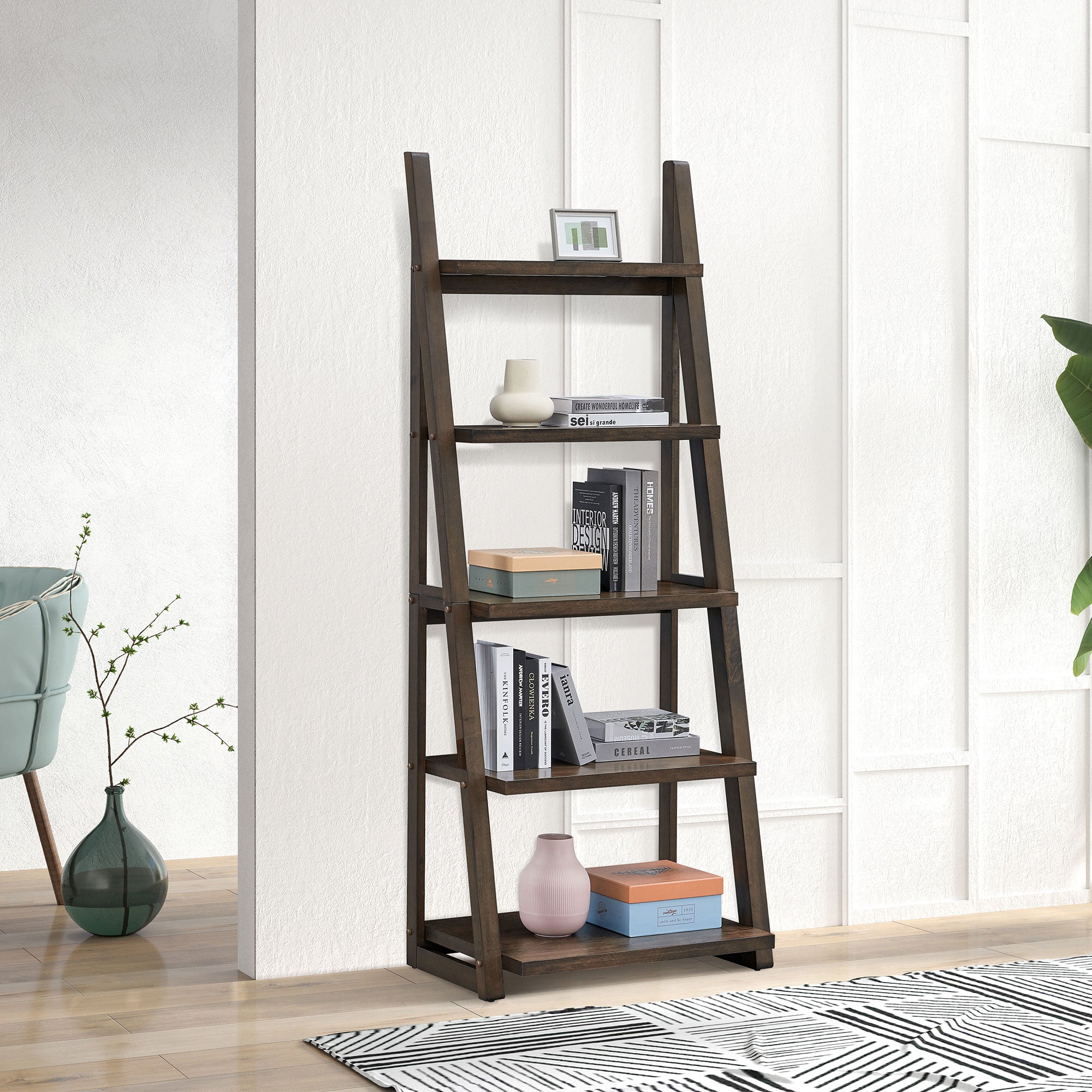 Ladder Shelf, 5 sale Tier Modern Bookcase, Multifunctional Bookshelf, Brown