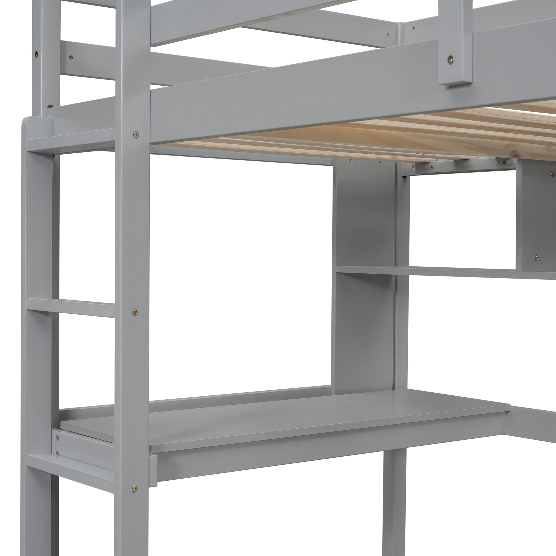 Twin Size Loft Bed With Desk And Shelves, Safety Guardrail And Ladder,Grey Twin Grey Pine